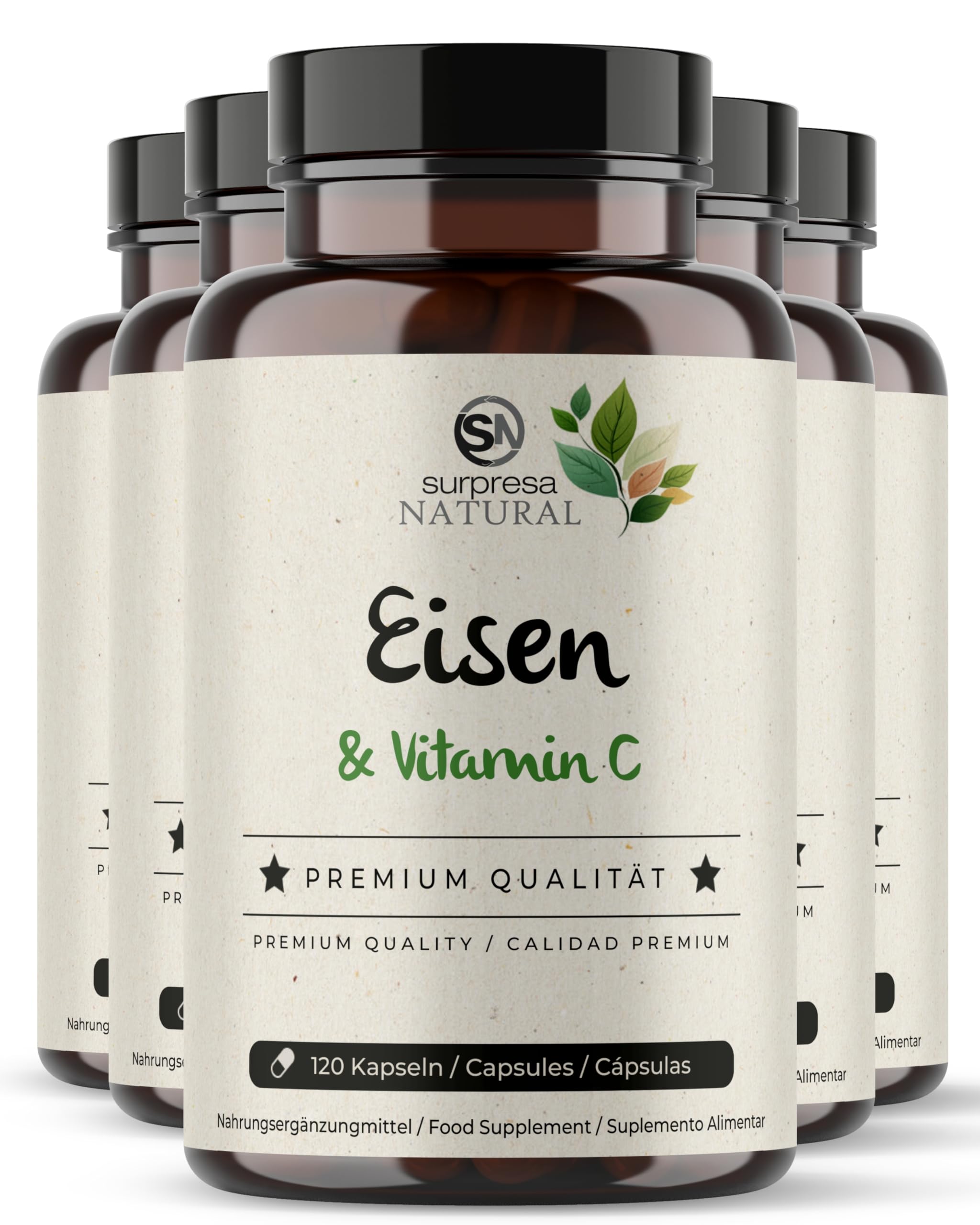 Eisen Vitamin C Kapseln I 5 x 120 Stück I Eisen-Supplement mit 14mg natürlichem Eisen & 80mg Vitamin C I Vorrat für 20 Monate I Eisen-Kapseln hochdosiert I 100% vegan & natürlich