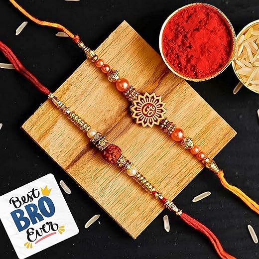 Om & Rudraksha Rakhis Set with Roli Chawal Pack