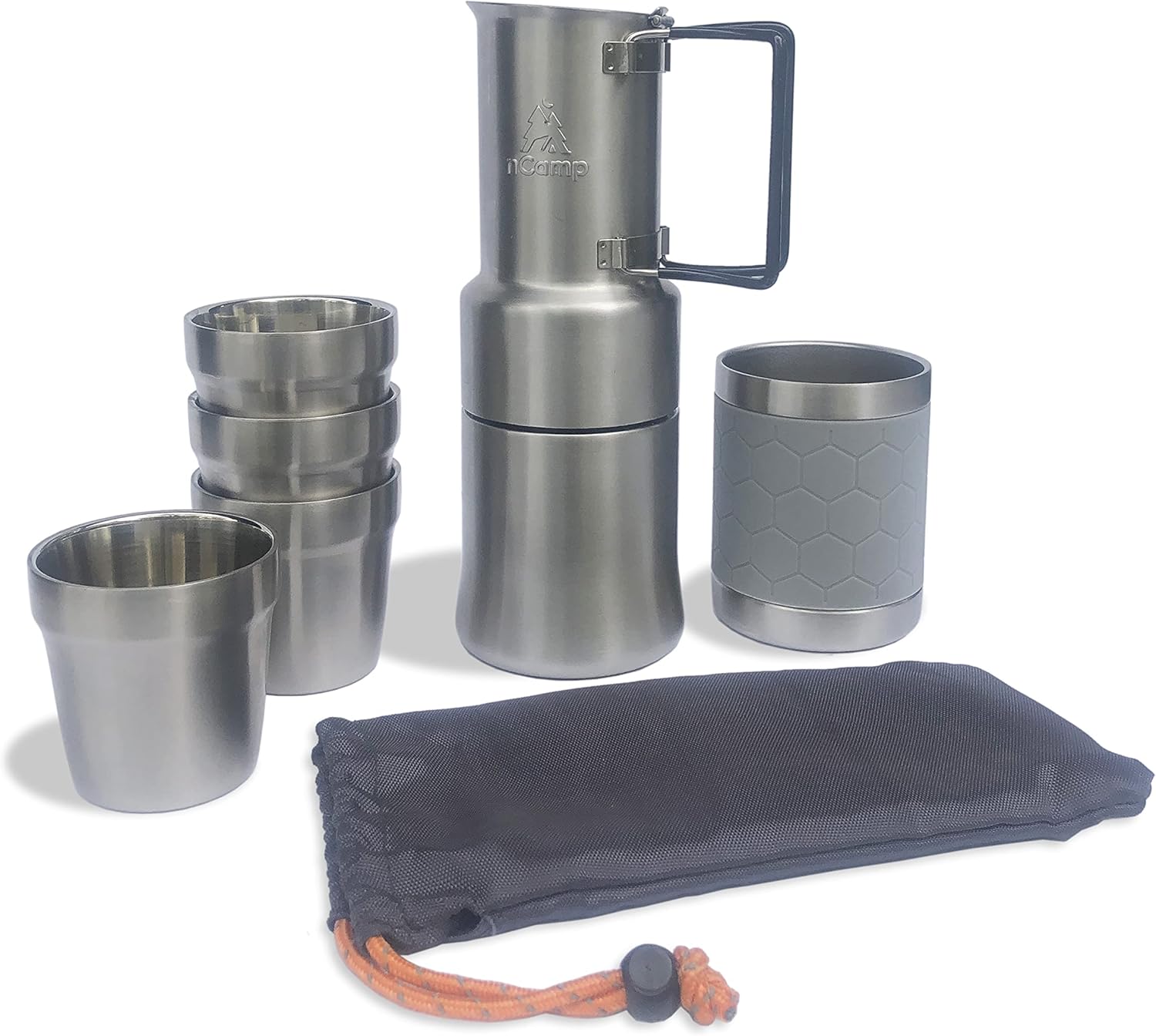 nCamp - Café & Camping Coffee Mugs Bundle, Camping Coffee Pot w/Insulated Cup Set, Portable Coffee Maker + 4-Piece Camping Cups, 304 Stainless Steel Set w/Nylon Drawstring Bag