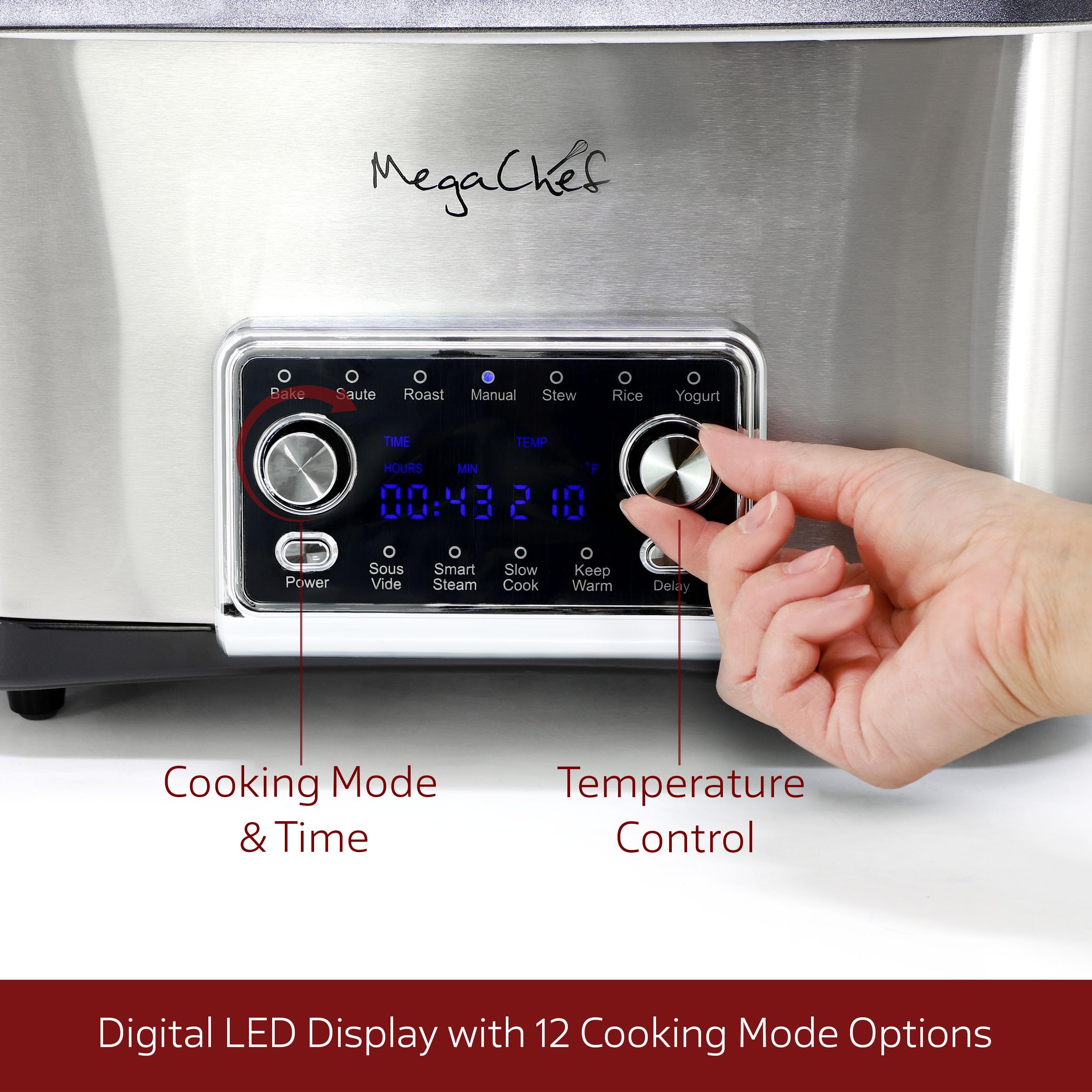 MegaChef Deluxe - Multicocina programable 12 en 1 de 8 cuartos con Sous Vide y multifunción, pantalla digital, temperatura y tiempo ajustables, olla extraíble, tapa de vidrio templado