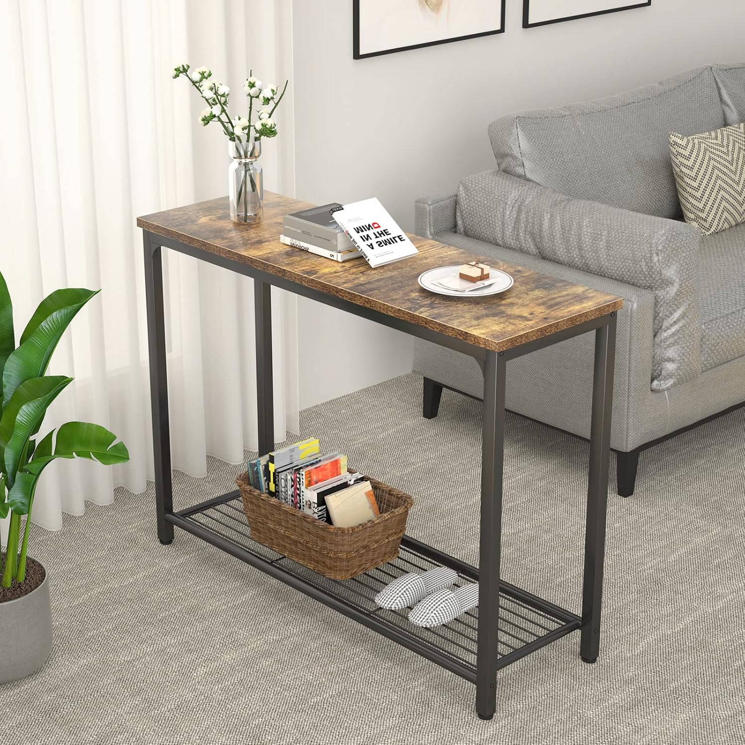 Ecoprsio Console Table Sofa Table with Mesh Shelves, Industrial Entryway Table Foyer Table for Entryway, Front Hall, Hallway, Sofa, Couch, Living Room, Coffee Bar, Kitchen, Rustic