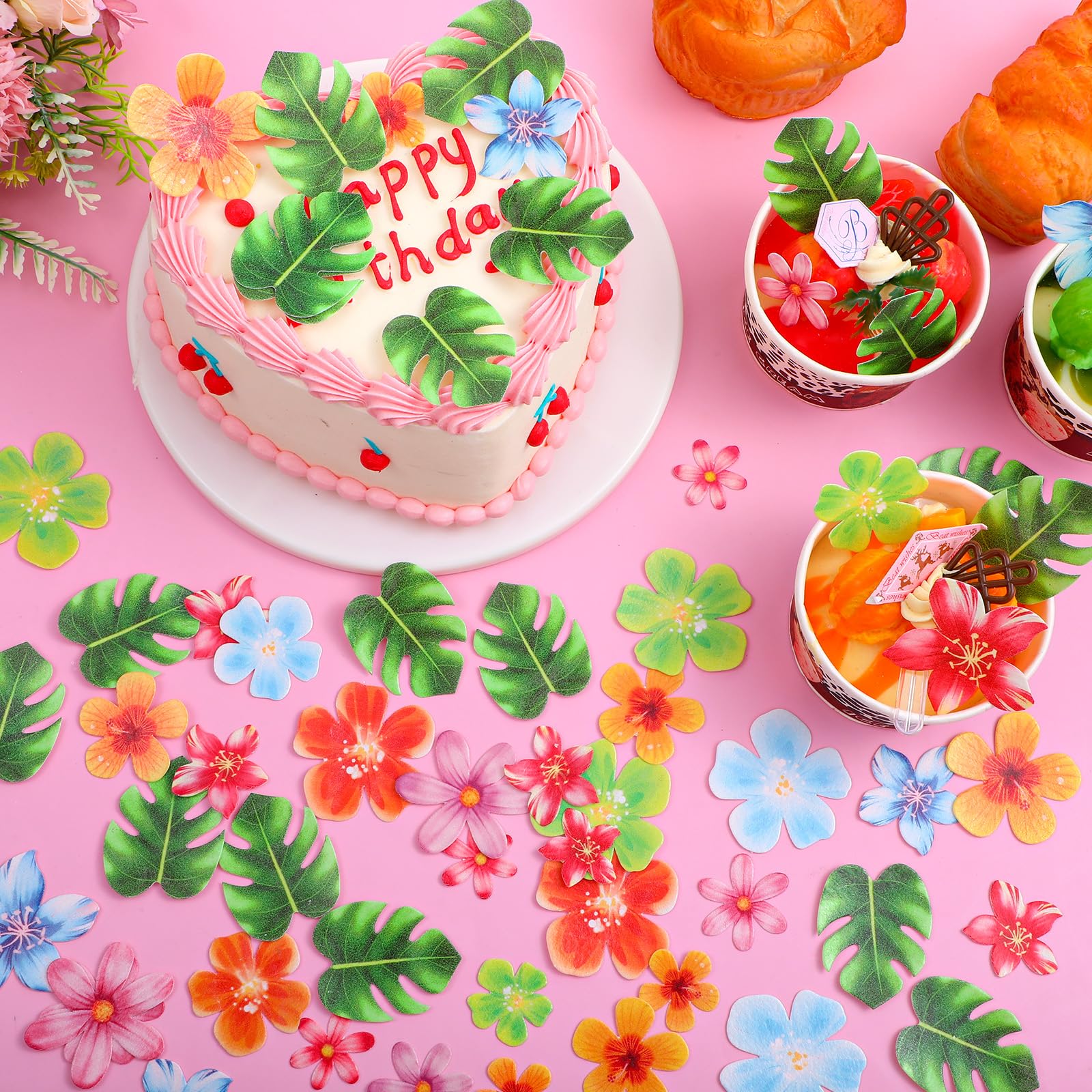 60 Decorazioni Per Torte In Carta Commestibile: 40 Fiori E 20 Foglie Tropicali, Per Cupcake E Dessert