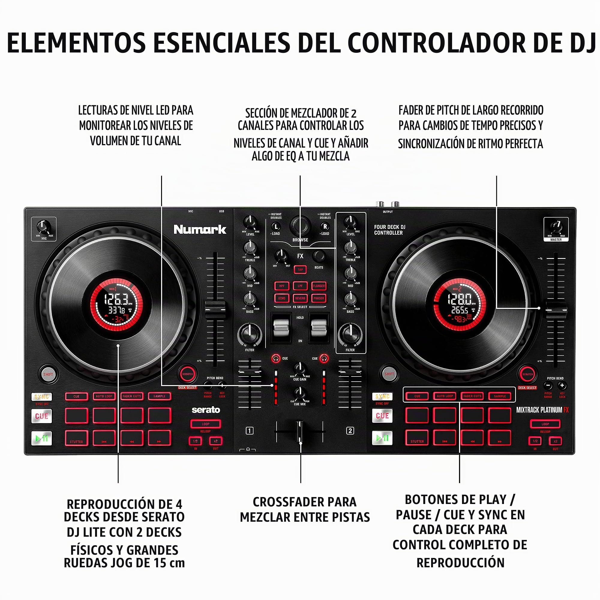 Numark Mixtrack Platinum FX + HF125 – Controlador DJ de 4 secciones para Serato DJ con mezclador DJ e interfaz de audio + Auriculares de DJ Profesionales