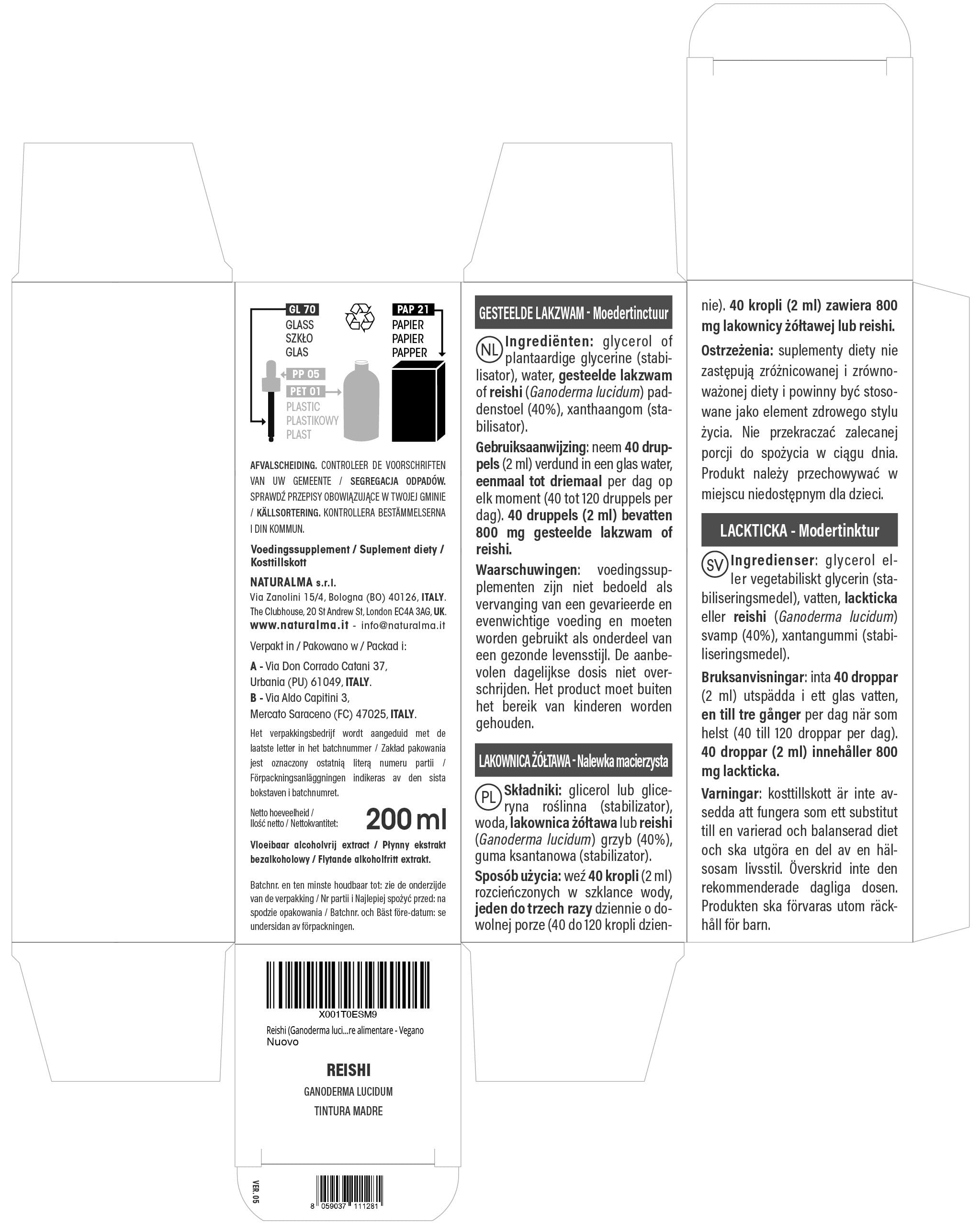 Ganoderme luisant ou Reishi (Ganoderma lucidum) champignon Teinture Mère sans alcool Naturalma - Extrait liquide gouttes 200 ml - Complément alimentaire - Végétalien ou végan