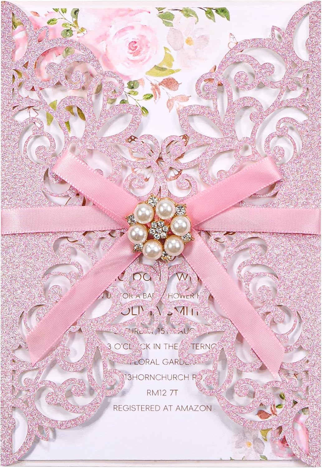 25 PCS Pink Personalized Glitter Laser Cut Wedding Invitation Pockets 5×7 Invitations with Envelopes and RSVP Cards Blank Inner Sheet No Pattern Customization Invites for QuinceañEa Baby Bridal Shower Birthday Party