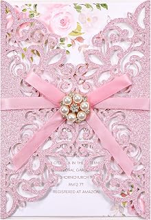 25 PCS Pink Personalized Glitter Laser Cut Wedding Invitation Pockets