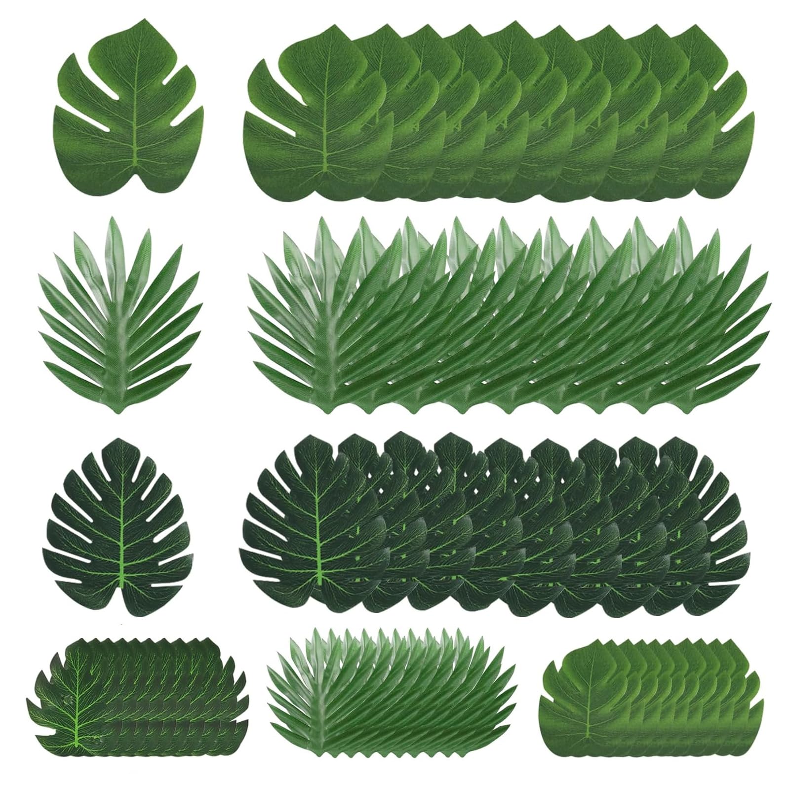 60 Pieces Fake Leaves, 6 Sizes Tropical Artificial Leaves Hawaiian Monstera Leaf Fake Plants Faux Leaf for Decoration Beach Jungle Theme Party Banquet Tables