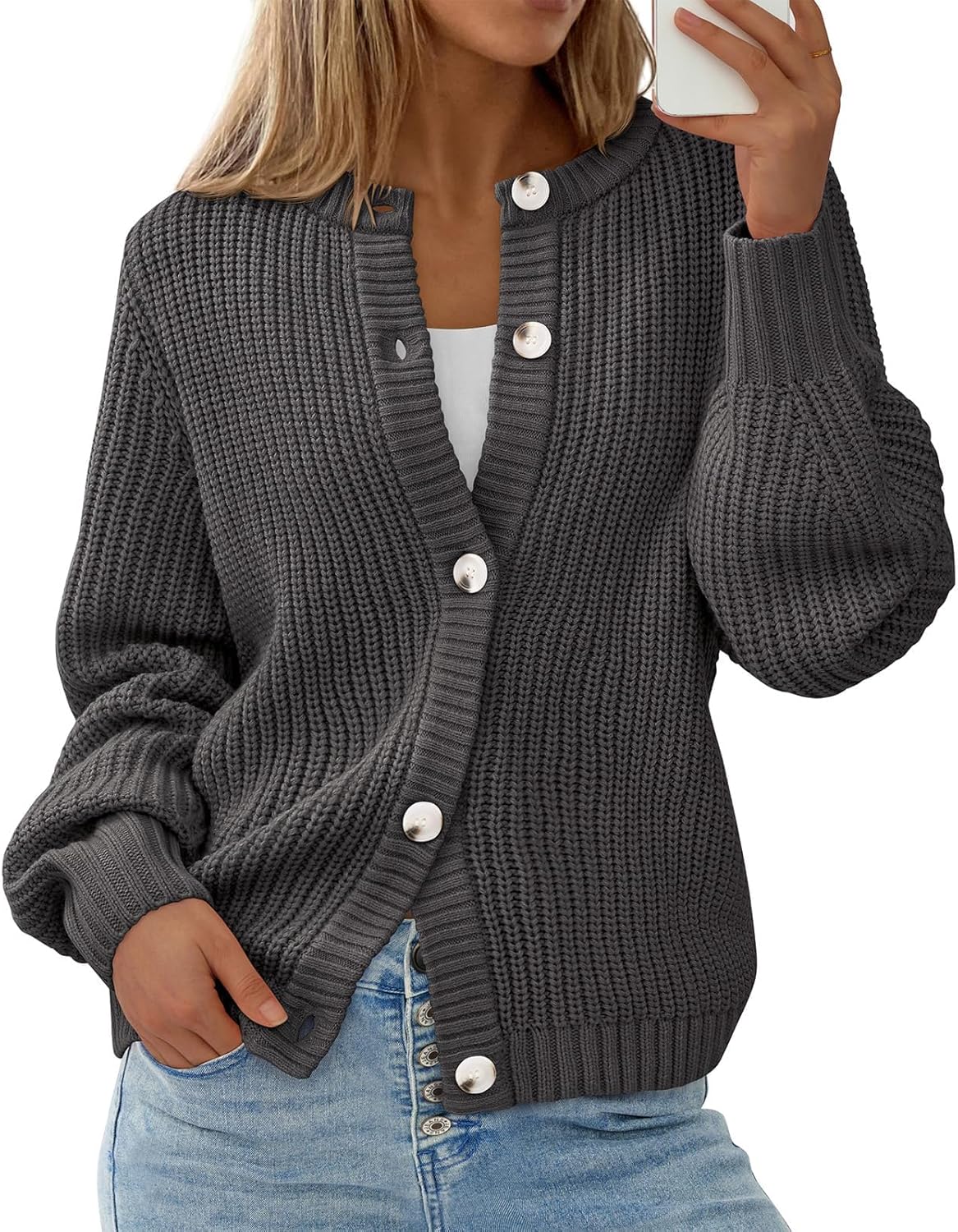 PRETTYGARDEN Womens Fall Cardigan Sweaters Crewneck Long Sleeve Button Open Front Knit Sweater Women Oversized Cardigans