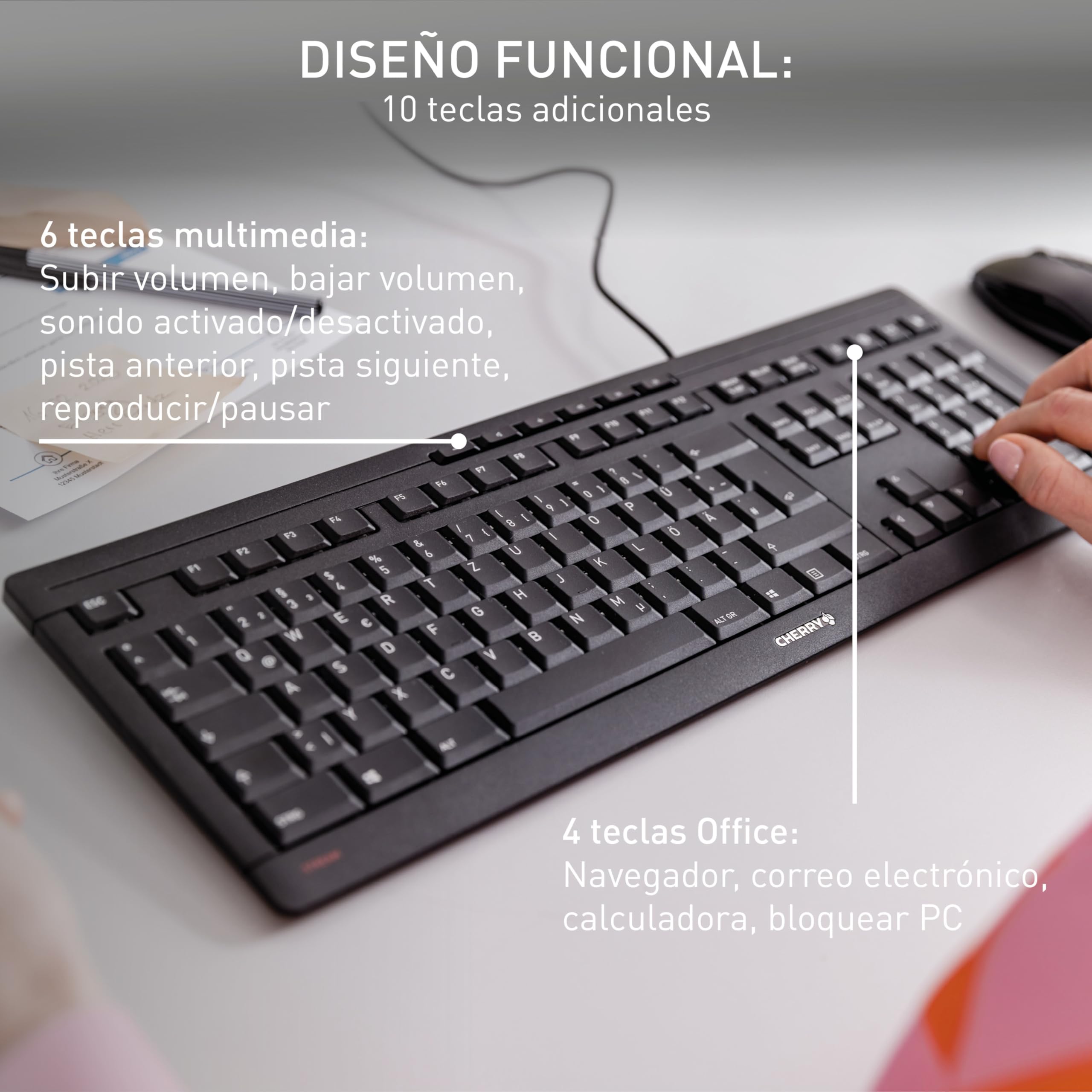 Cherry Stream Keyboard, Teclado con Cable, distribución de Teclado alemán (QWERTZ), Teclas silenciosas, Experiencia de tecleo única, diseño Plano, Negro