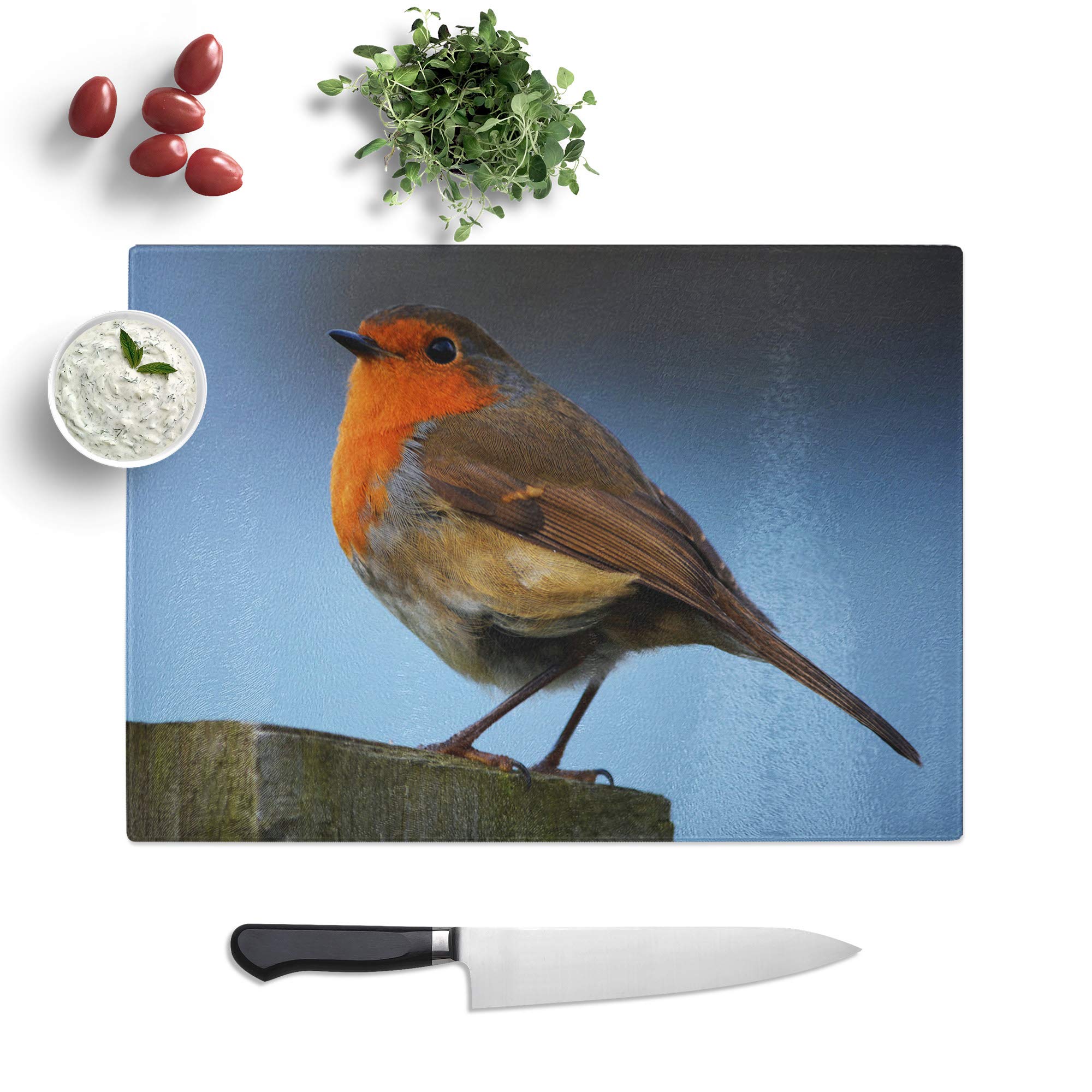 Kitchen Chopping Board Glass - Robin Bird - Textured Worktop Saver Cutting Board - Heat Resistant, Shatterproof and Hygenic - 28.5 x 20 cm