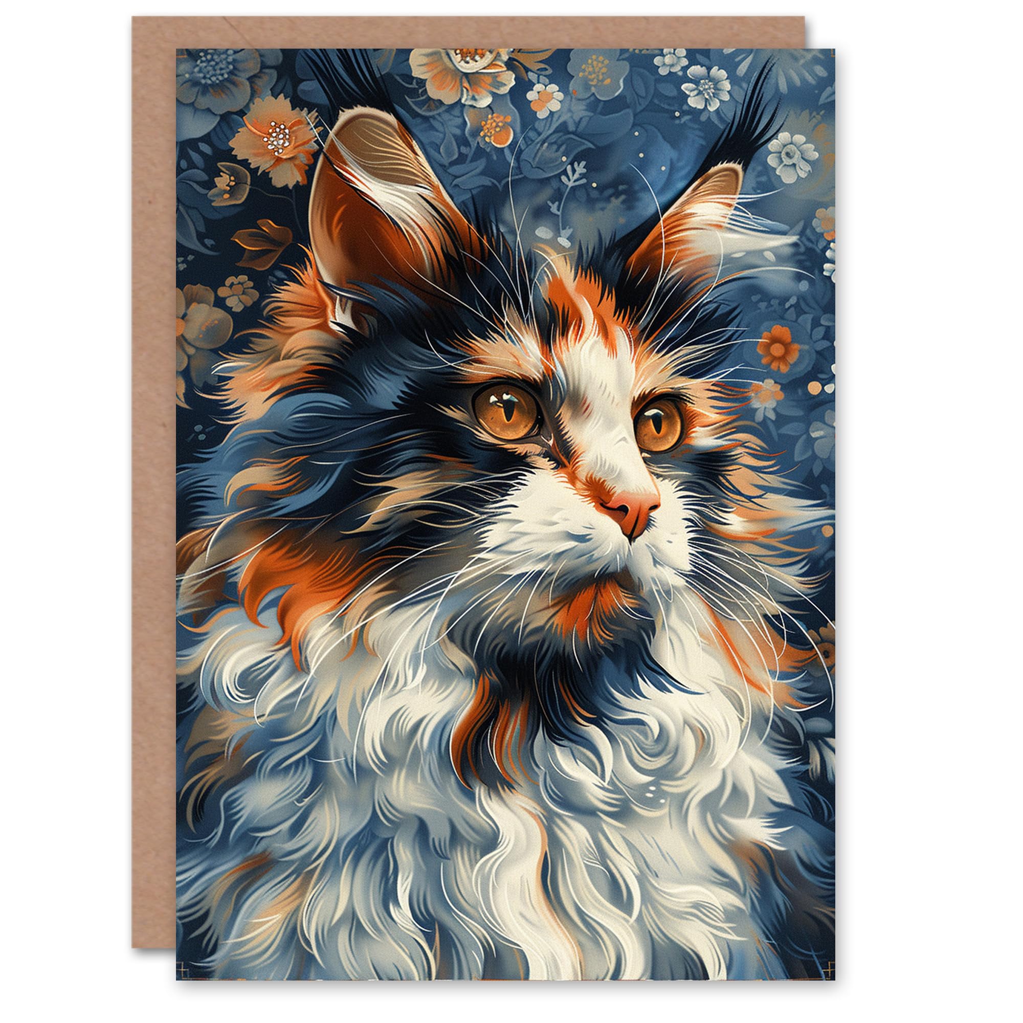 Artery8 Maine Coon Cat Birthday Card - Blue - Floral Pattern