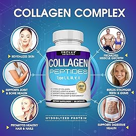 Toplux Multi Collagen Peptides Pills 1800 Mg Complex - Type I, II, III, V, X Premium Collagen Complex for Better Skin & Hair, Strong Joint, Hydrolyzed Protein, for Men Women, 90 Capsules, Supplement