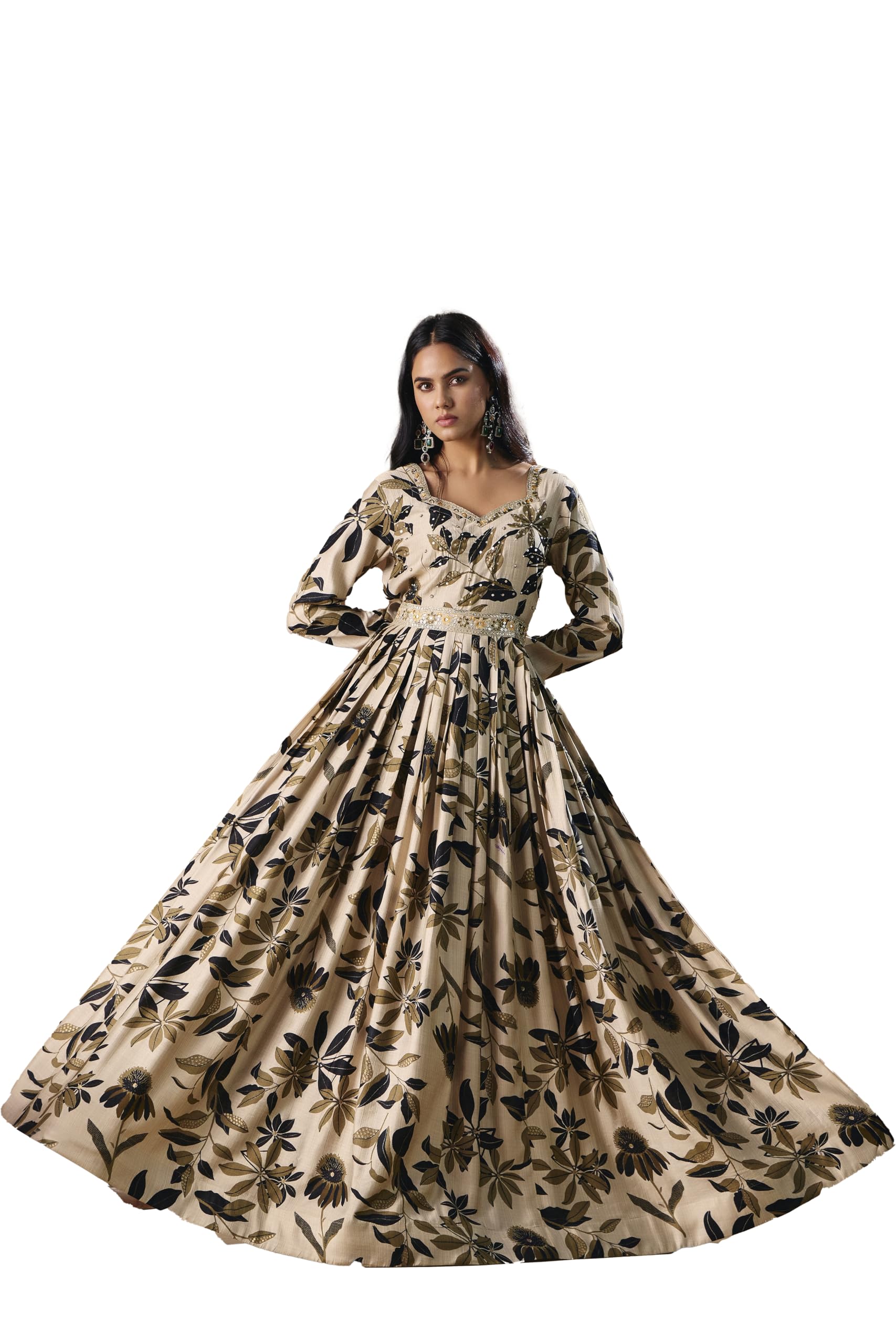 Madhuiram Textiles Women's Vatican Print Flared Anarkali Gown for Women V-Neck Embroidered Ethnic Dress(M-2552 Black and White)