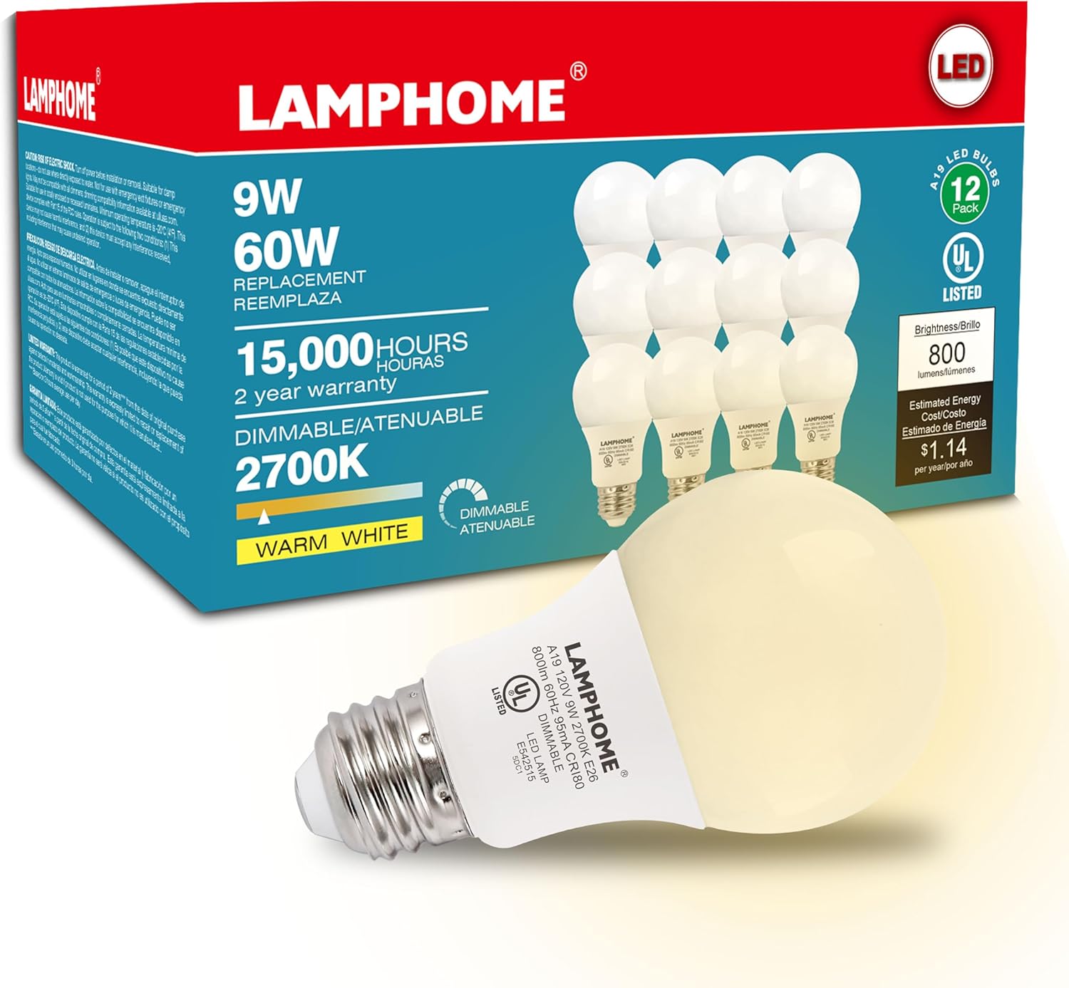 LAMPHOME 4-Pack Soft White LED Bulbs - Ideal for Bedroom & Living Room, 60W Equivalent, 2700K, 9W, 15000-Hour Life, E26 Base