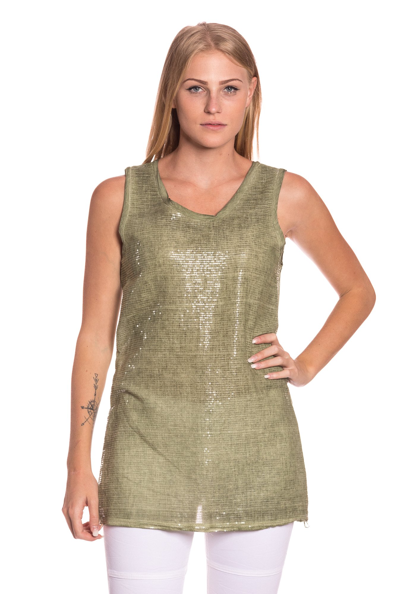 16298 Glitzer-Top for Woman - Made in Italy - 5 Colours - New Fashions Womenshirts Transition Spring Summer Autumn Latest Solid Loose Sexy Sale Elegant Viscose Young - Olive Green