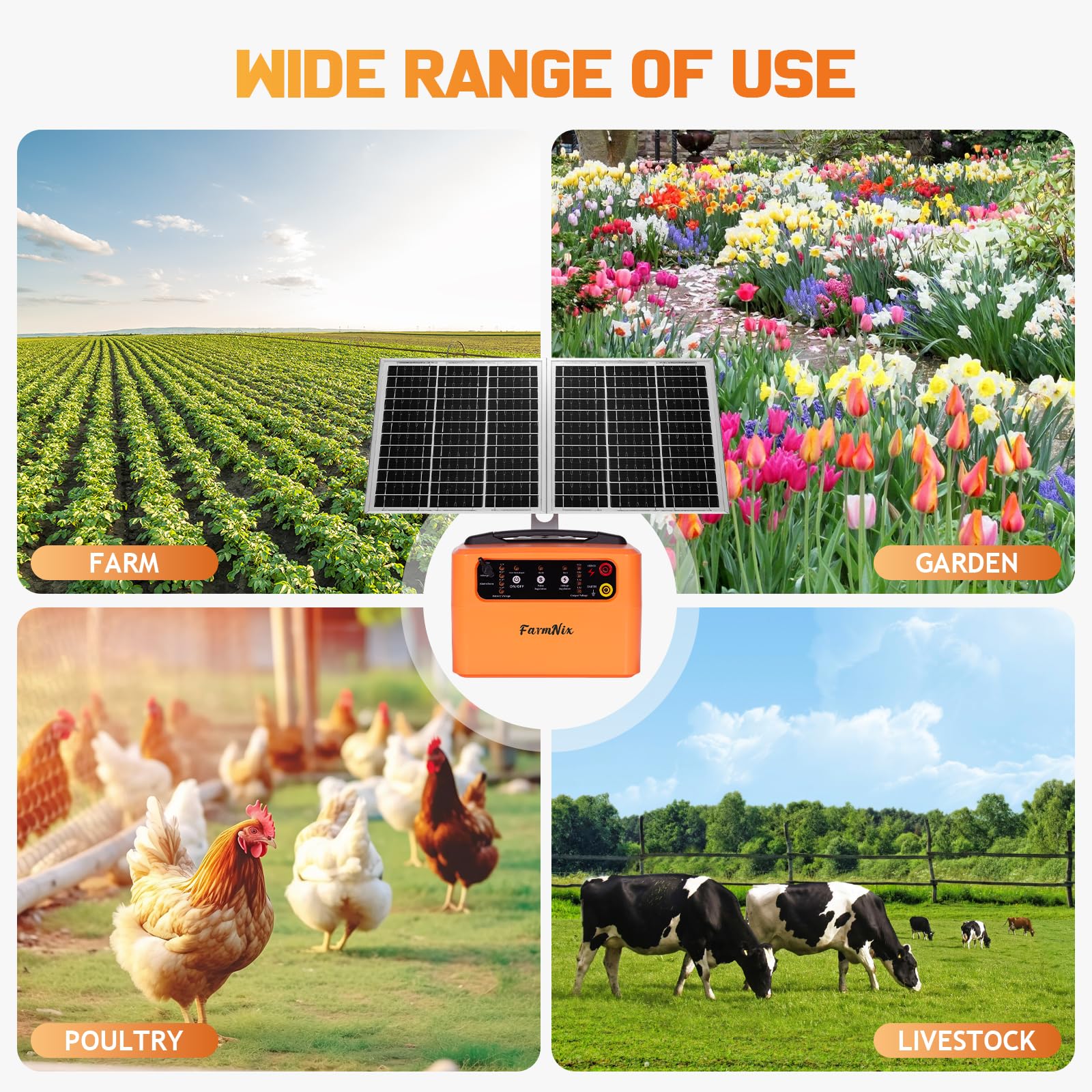 48KM Weidezaungerät Solar, 0.3-1.5J, 6KV-12KV Einstellbar Elektrozaungerät，inkl. 15W-Solarpanel, 12V 7Ah Blei-Akku & Erdungsset für große kleine Tiere