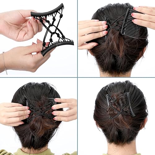 Miniatura 4 de 4 pinzas elásticas ajustables para el cabello, sin pliegues, para mujer, rizado, grueso, ondulado, color negro sólido, 4 piezas