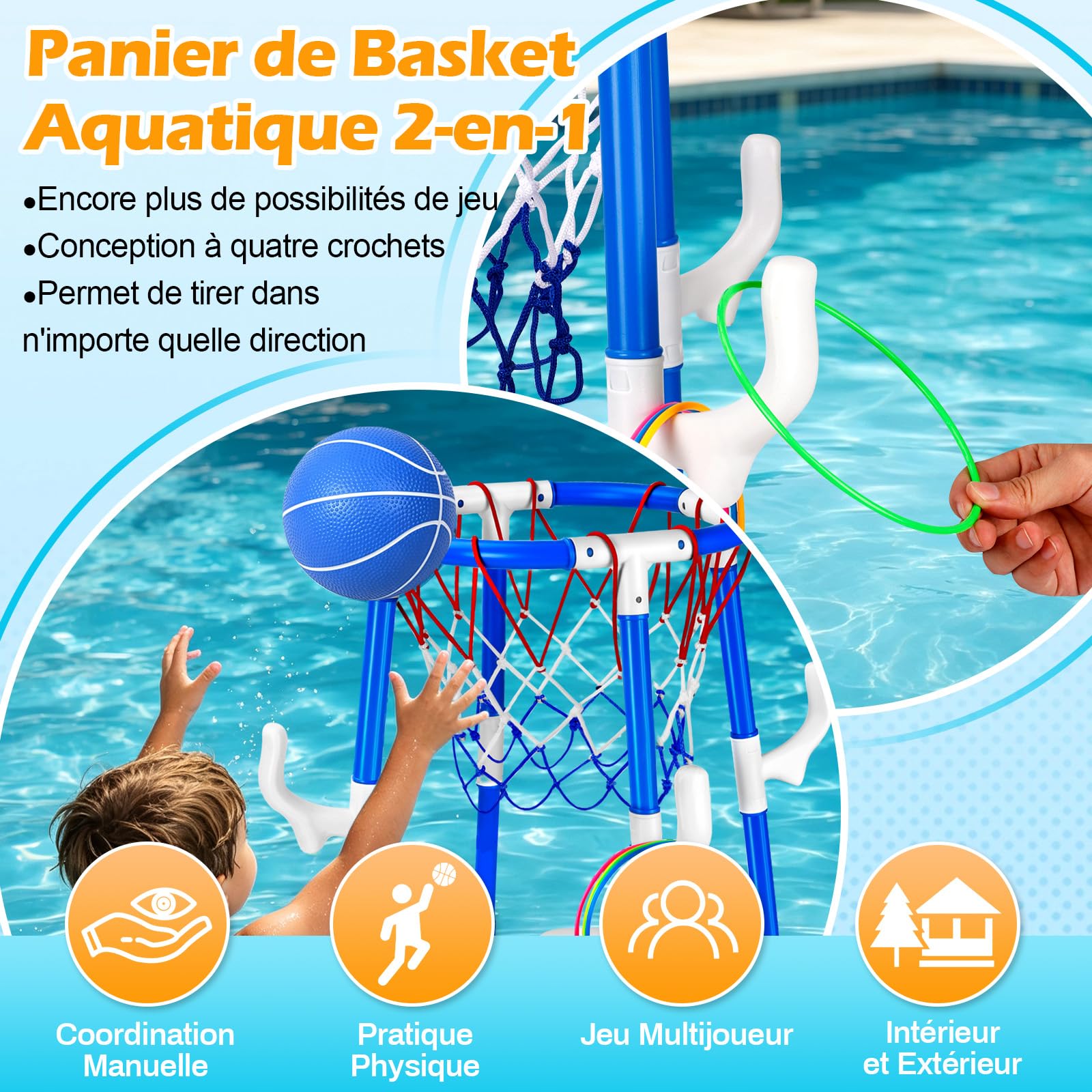 Panier Basket Flottant, 2-en-1 Panier Basket Piscine, Ensemble de Basketball à Eau avec 2 Ballons, 12 Anneaux et Pompe, Jouets Basketball Aquatiques pour Enfants et Adultes