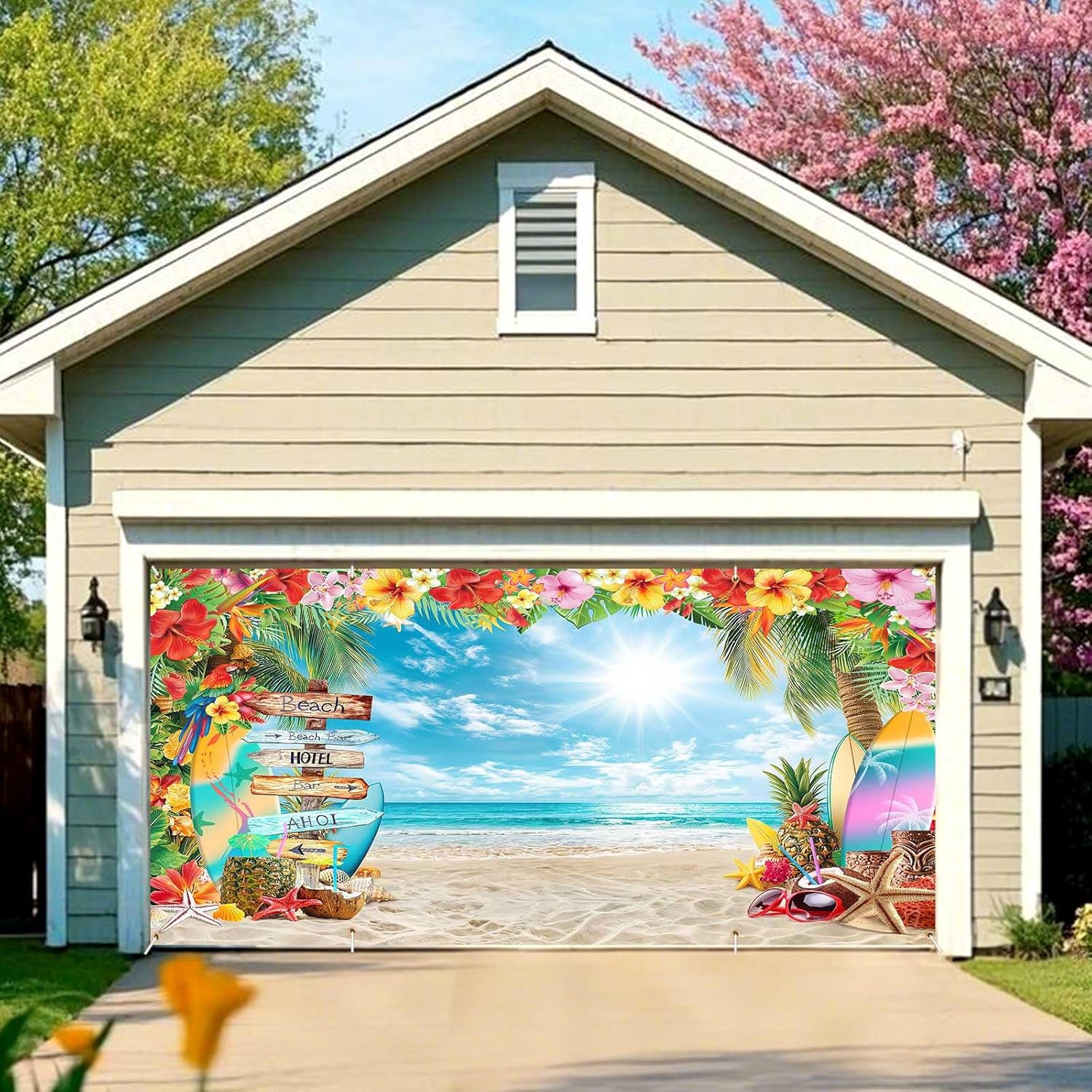 Luau Tropical Hawaiian Garage Door Cover Banner Decorations, Summer Beach Aloha Flower Outdoor Car Garage Door Murals Buddy Decorations Extra Large 16 X 7 Ft 16 X 7 Ft Red
