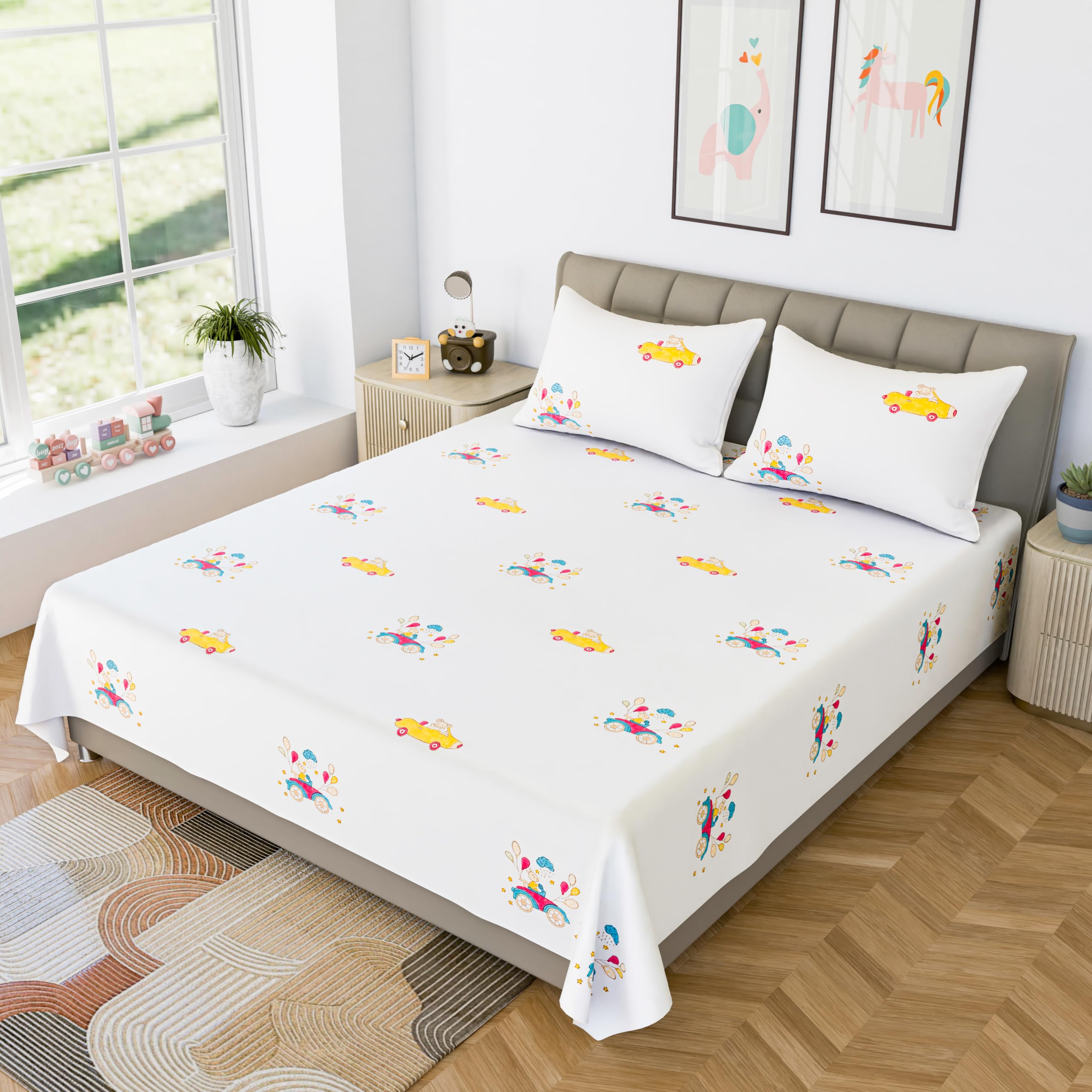 LINENWALAS 100% Cotton Bed Sheet for Double Size Bed, Bunny Printed Doble Bedsheet for Childrens with 2 Pillow Covers | 210 TC Soft, Breathable, Luxury Bedsheet (Bunny & Balloons, 90 x 100 Inches)