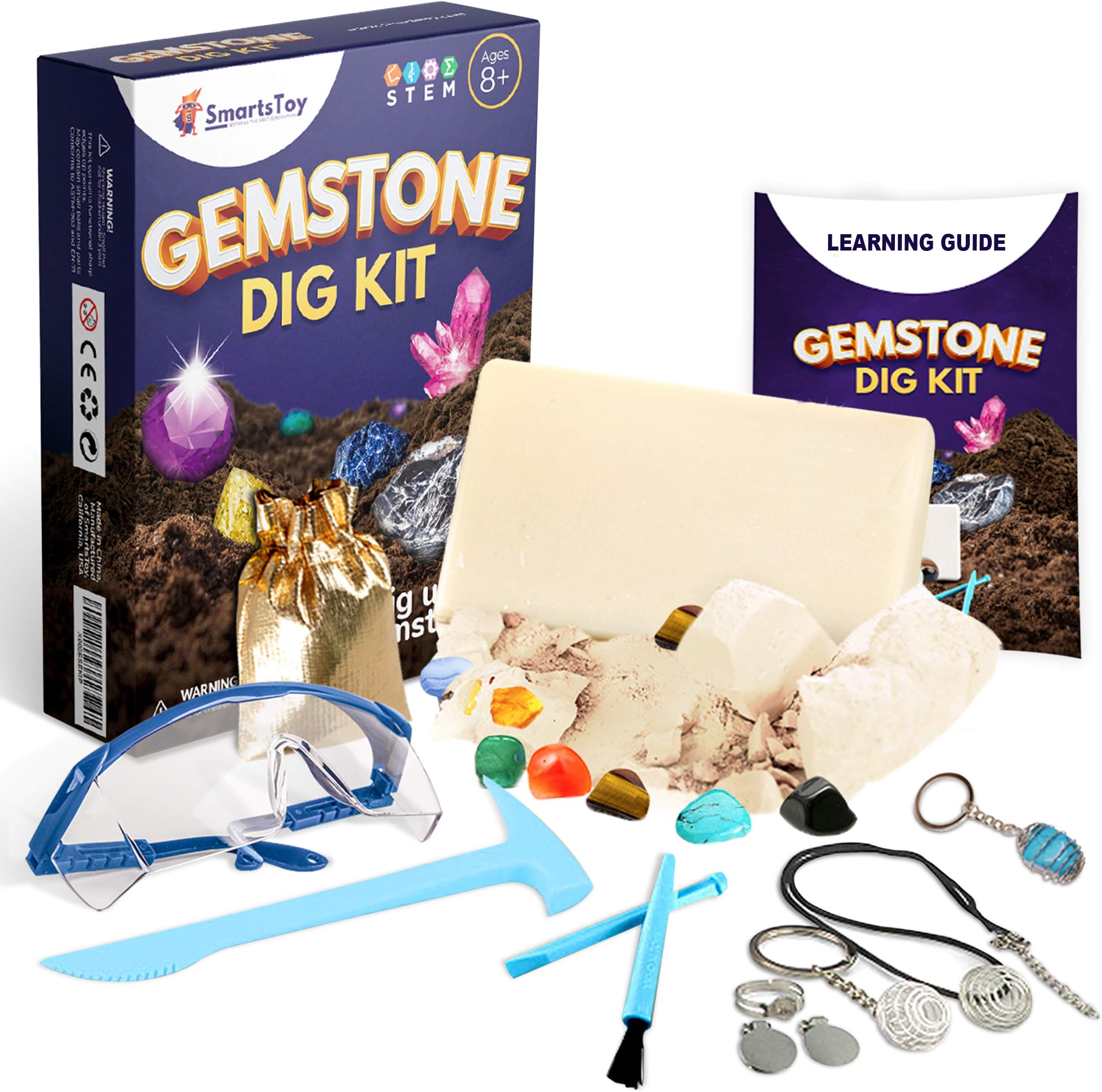 Gemstone Dig Kit - STEM Educational Science Toys - Excavate 12 Real Gems & Crystals - Gemology & Rock Mining Digging DIY Activity - Archaeology Geology Party Favors Gift for Age 3+ Boys, Girls, Kids