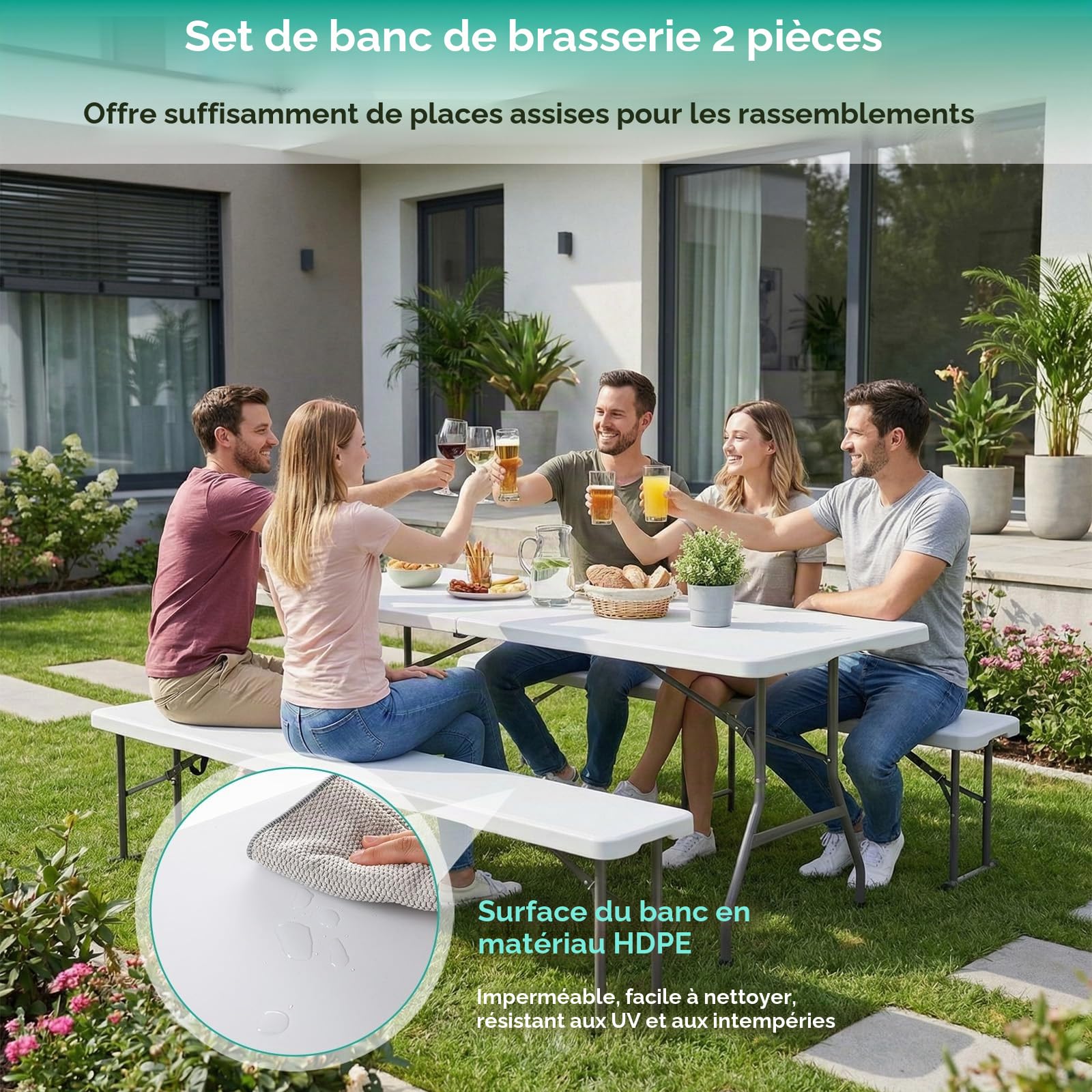 LIFERUN 2 pcs Bancs Pliables 183 cm,Banc de bière Pliant Camping avec poignée de Transport,Banc Pliable Camping Structure en Acier et Plateau en Plastique HDPE,pour Jardin Fête Barbecue Pique-Nique