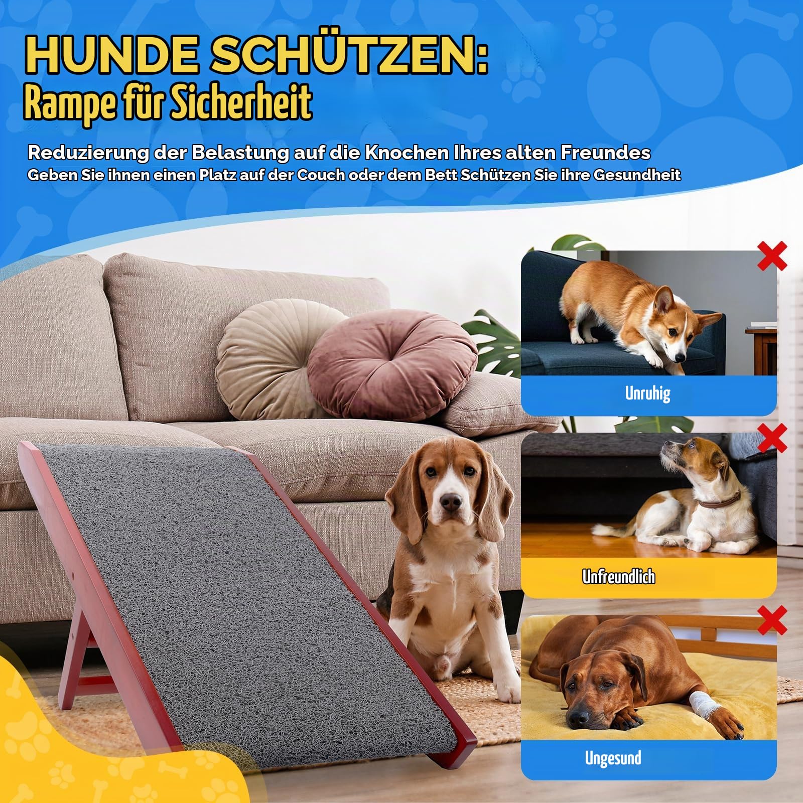 Hunderampe Hundetreppe für Hunde - Einstellbar 34-61,5 cm Spülschutz-Design Birkenholz Rampe Hund Klappbar für Bett Sofa Auto,Anti-rutsch Haustierrampe Haustiertreppe für kleine, große Hunde (XL)