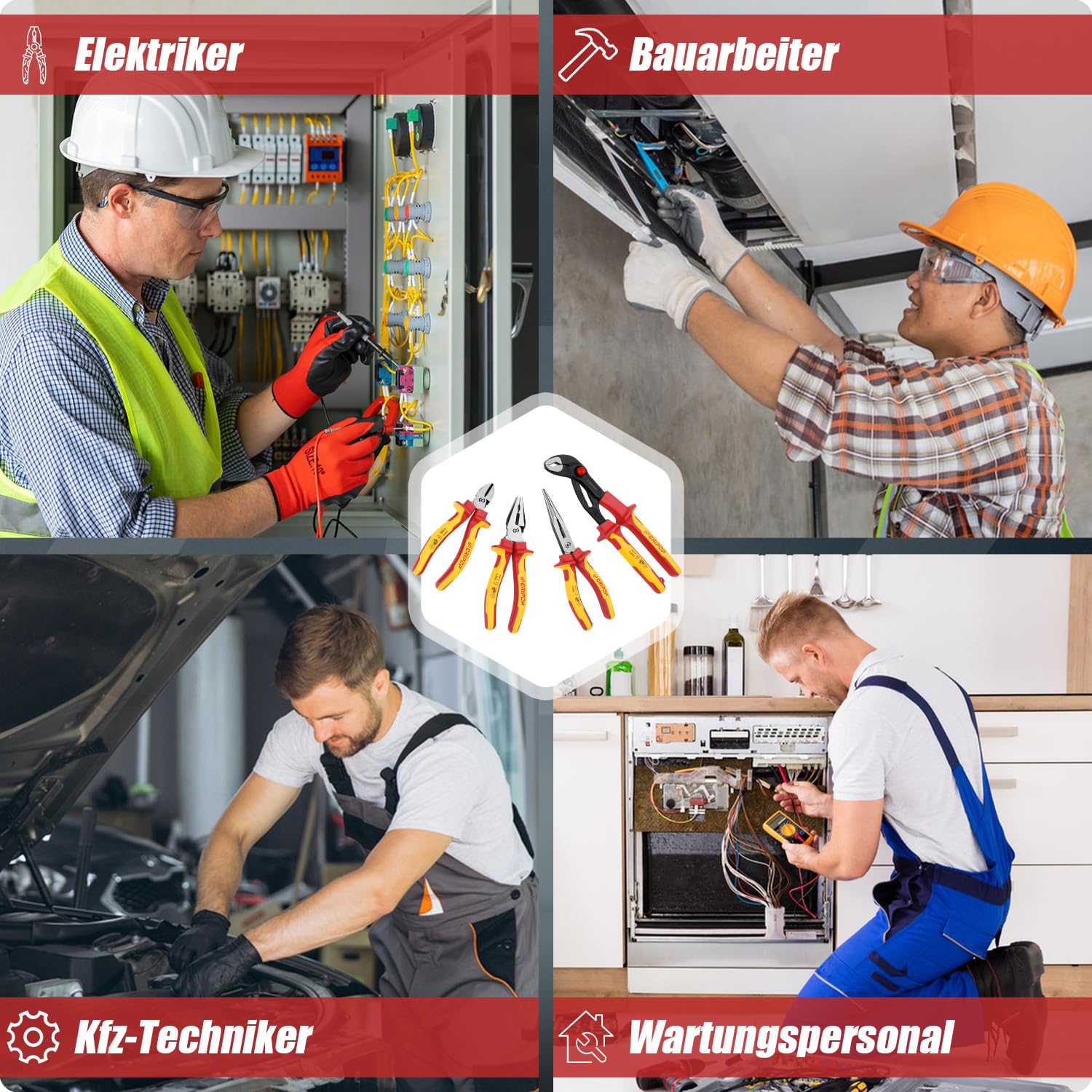4 tlg 1000V VDE-isolierter Elektro-Zangensatz, inkl. 190mm Kombizange, 165mm Seitenschneider, 210mm Langnase, 260mm Wasserpumpenzange & Spannungsprüfer mit Aufbewahrungsbox für Profis