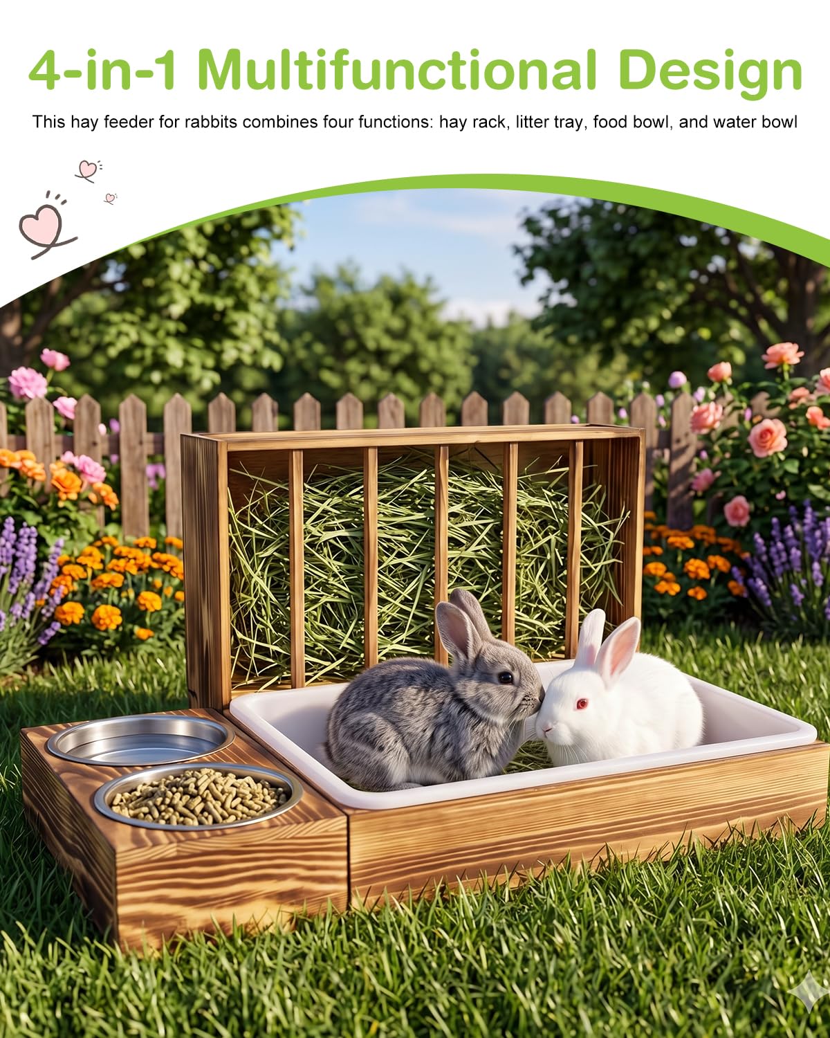 Mangeoire à Foin pour Lapin avec 2 Gamelles, 4 en 1 Couleur Noyer | Distributeur de Nourriture en Bois, pour Lapins, Cochons d'Inde, Chinchillas, Lapins et Autres Petits Animaux 54x36,5x28 cm