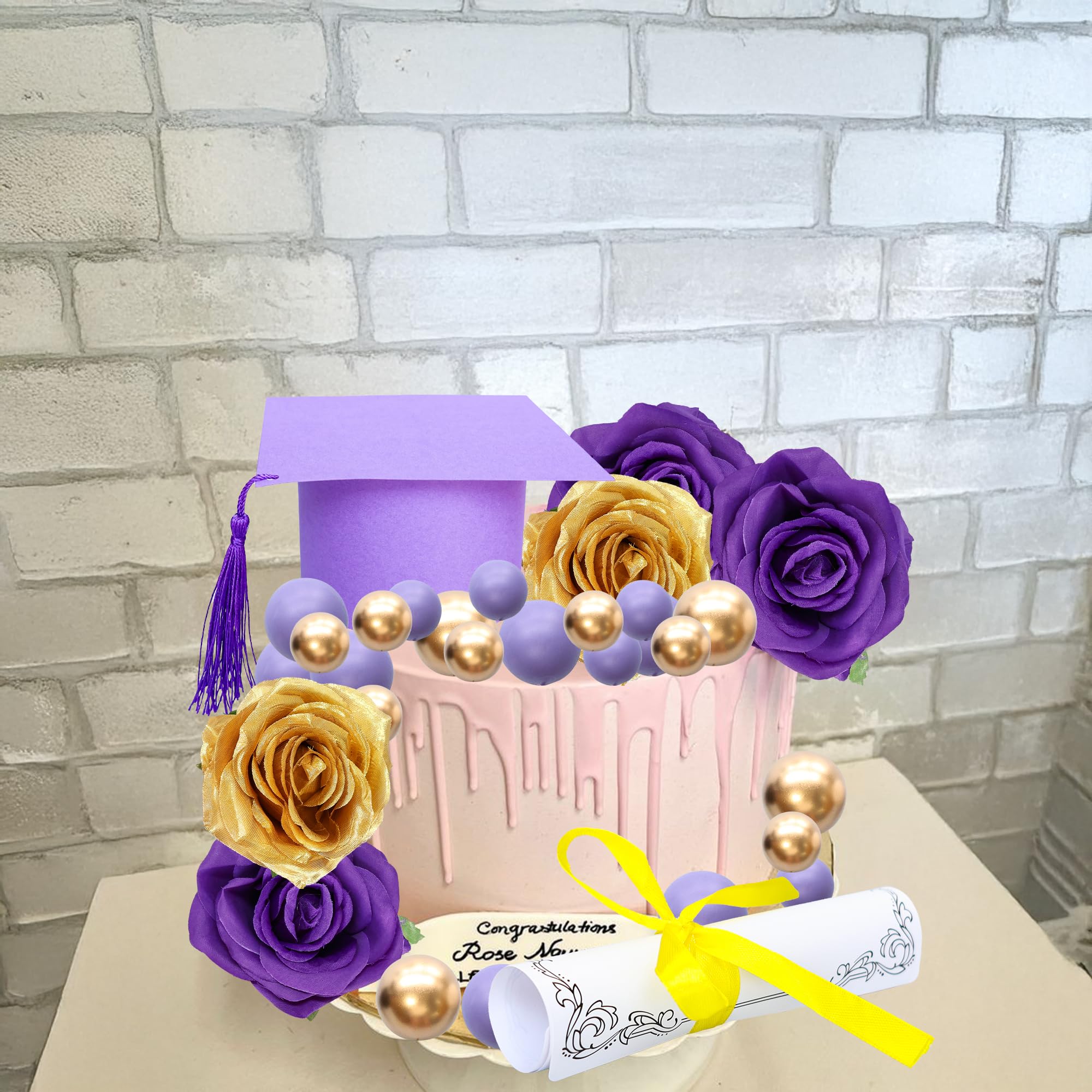 Gyufise 40Pcs 2025 Graduation Cake Topper Decoration Diploma Done Diploma Grad Cap Cake Pick Balloon Flower Prom 2025 Cake Decorations for Class of 2025 Congrats Grad Party Supplies Purple - Image 4