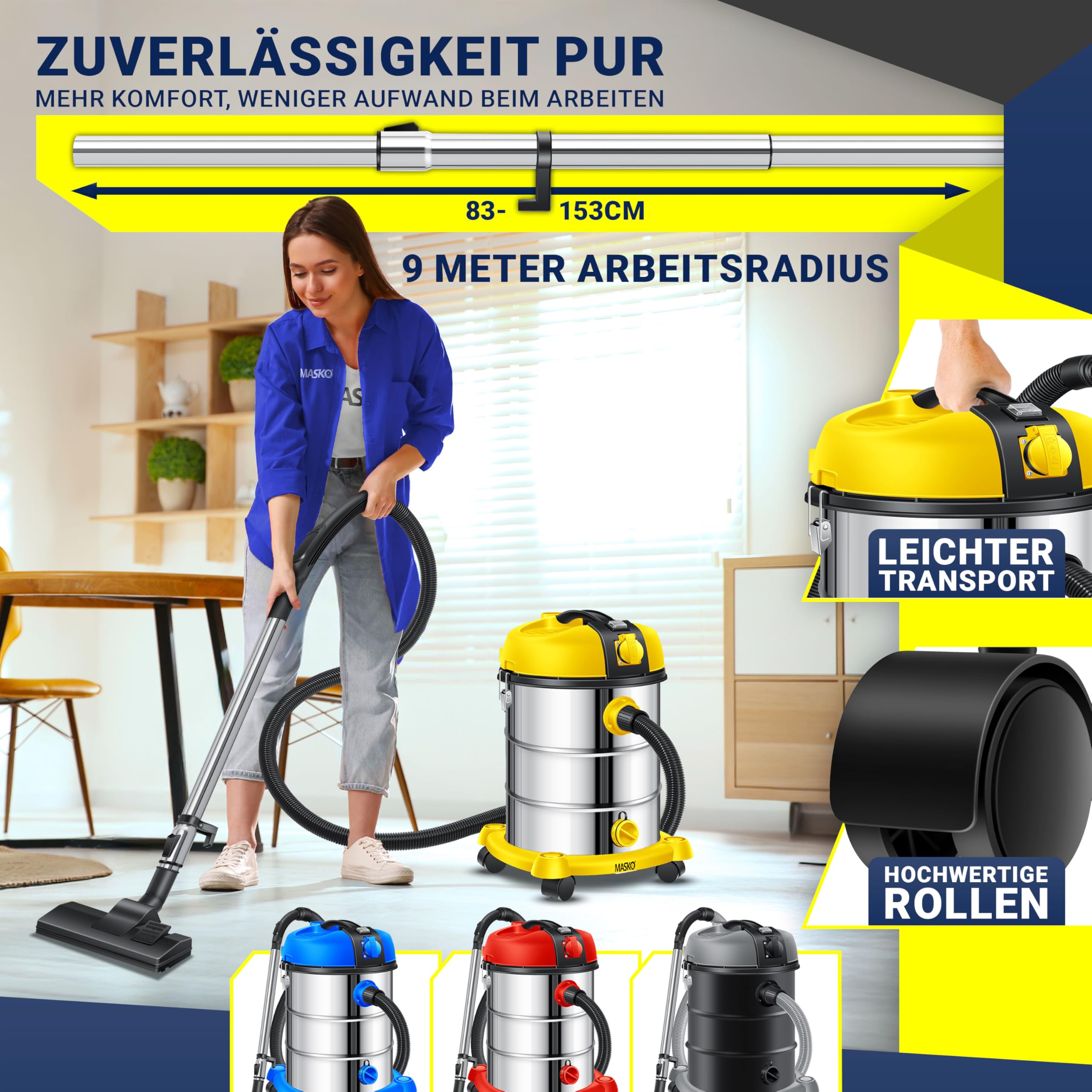 MASKO Industriestaubsauger Nass Trocken Sauger Edelstahl 2300W Steckdose Blasfunktion Push&Clean beutellos