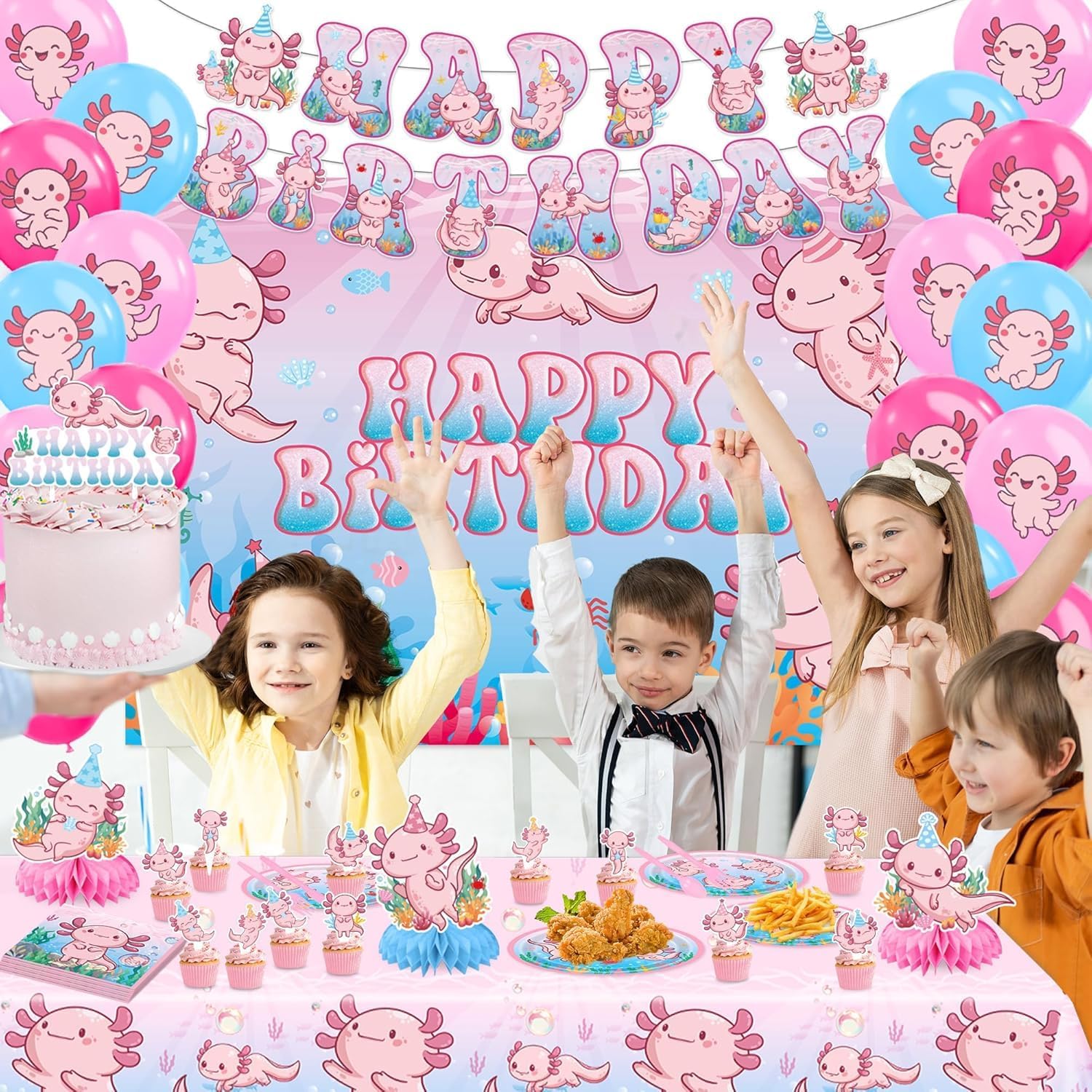 122PCS Axolotl Animals Birthday Party Decorations, Axolotl Party Supplies Include Tablecloth Balloons Backdrop Banner Cake Topper Plates Tableware Napkins for Kids Party Favors