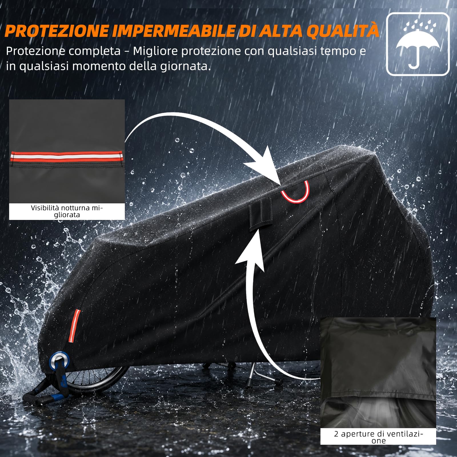 Telo di copertura impermeabile per bicicletta di carico, robusto telo di copertura Oxford 300D con protezione UV, strisce riflettenti per e-bike, furgoni e bici cargo (270 x 75 x 100 cm) (per due