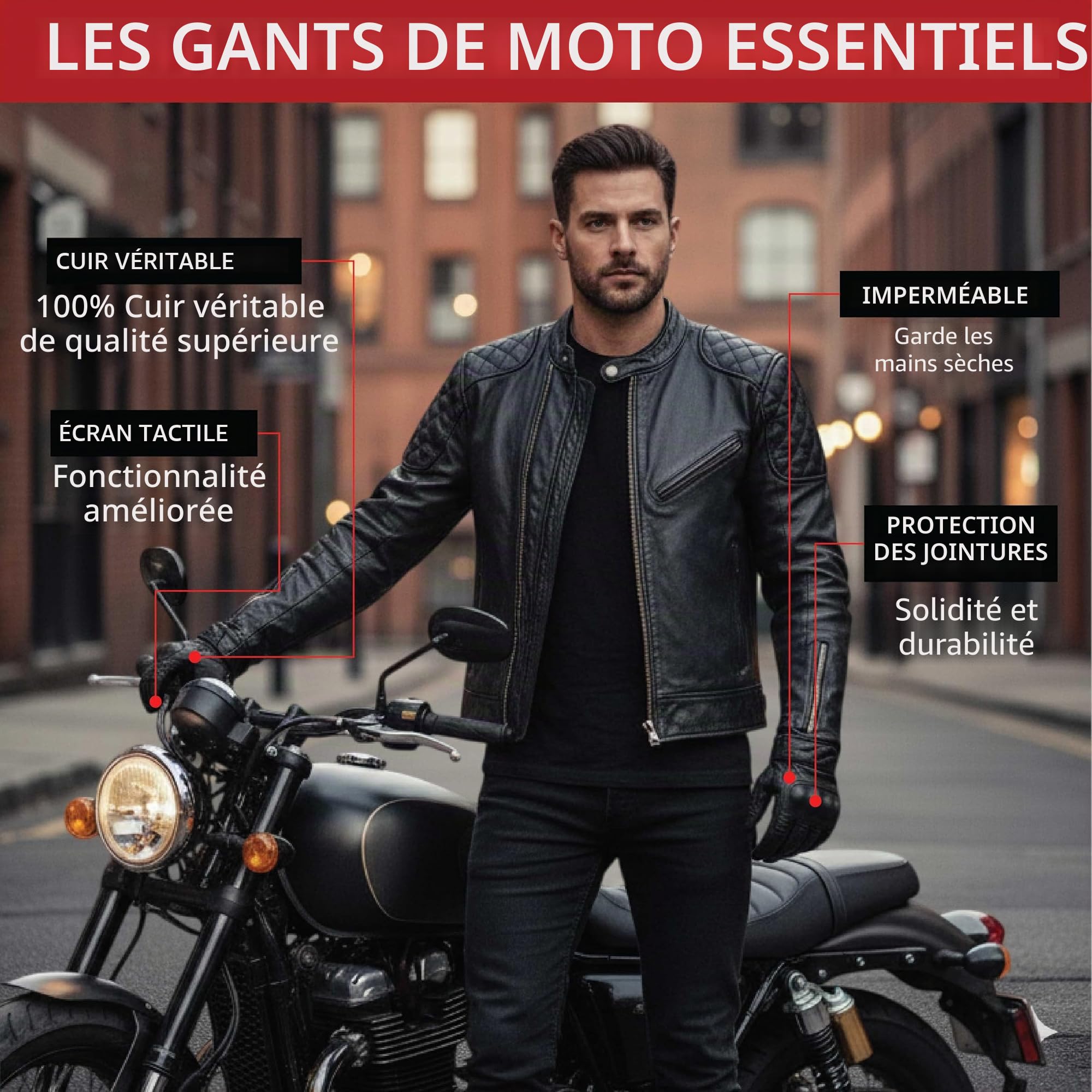 Gants de moto Hipora en cuir de qualité supérieure avec doublure thermique et résistance au vent