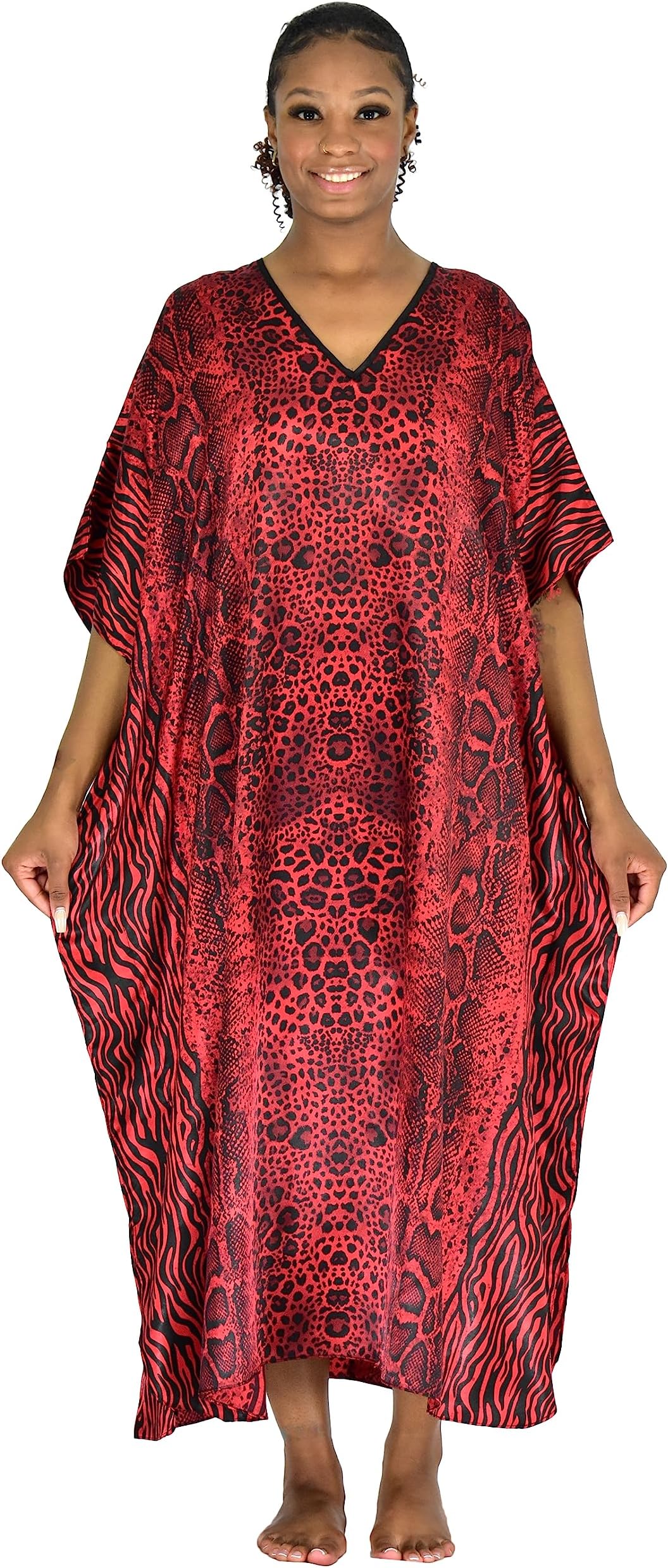 Women's Satin Kaftan in Red Tiger Print, One Size, Style Caf-03R