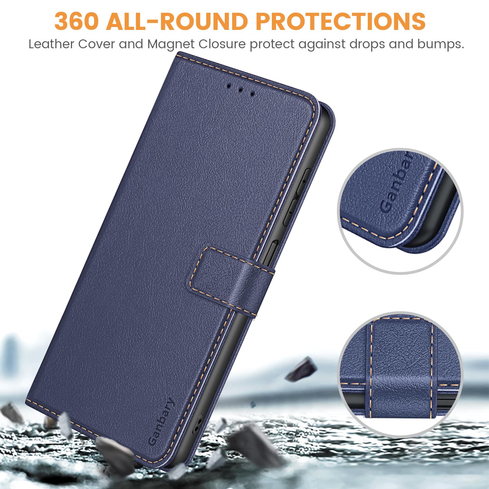Ganbary etui do Samsung Galaxy A26 5G, wysokiej jakości z klapką ze skóry PU [pełna ochrona] [przegródki na karty] [podpórka], granatowe