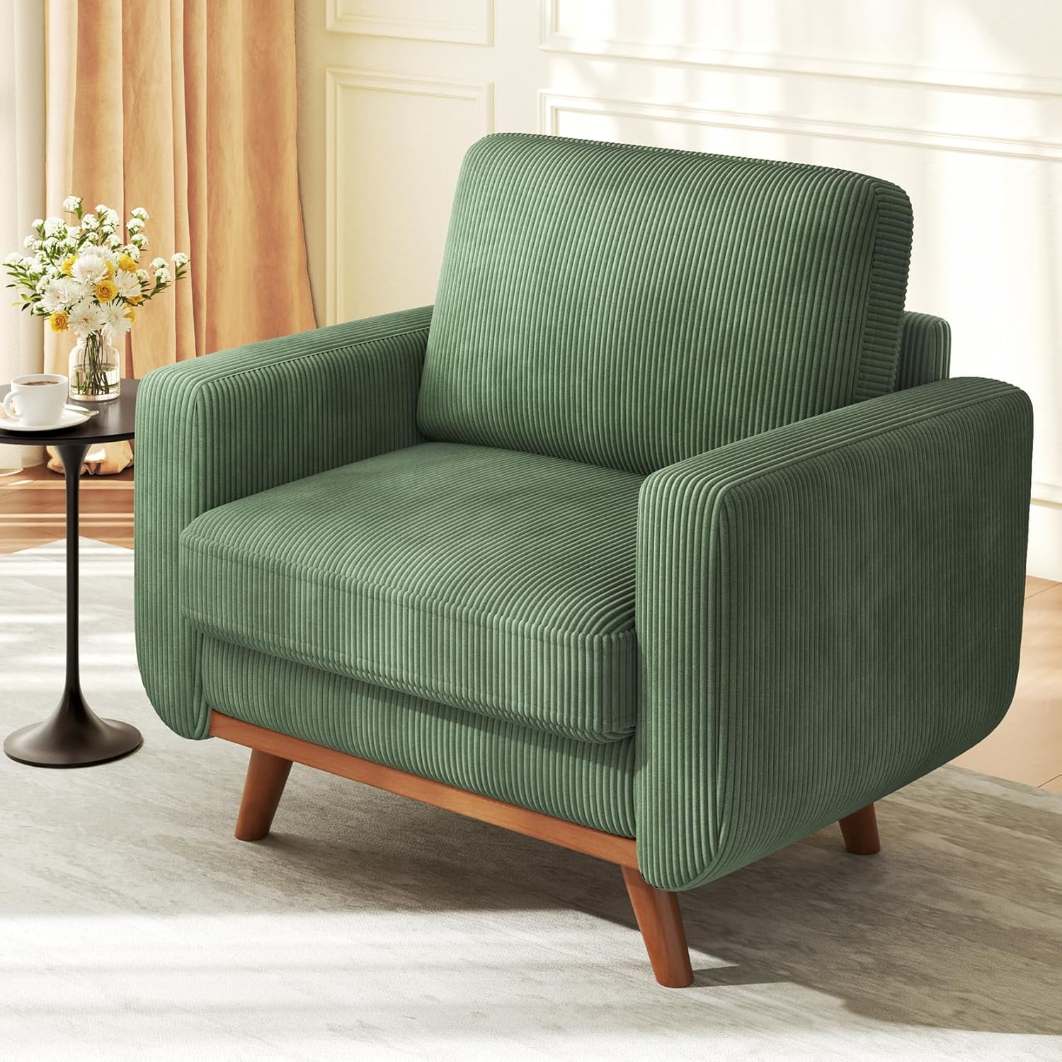 38.5" Green Corduroy Accent Chair, Comfy Deep Seat Armchair with Spring Cushion, Modern Reading Sofa for Living Room Bedroom