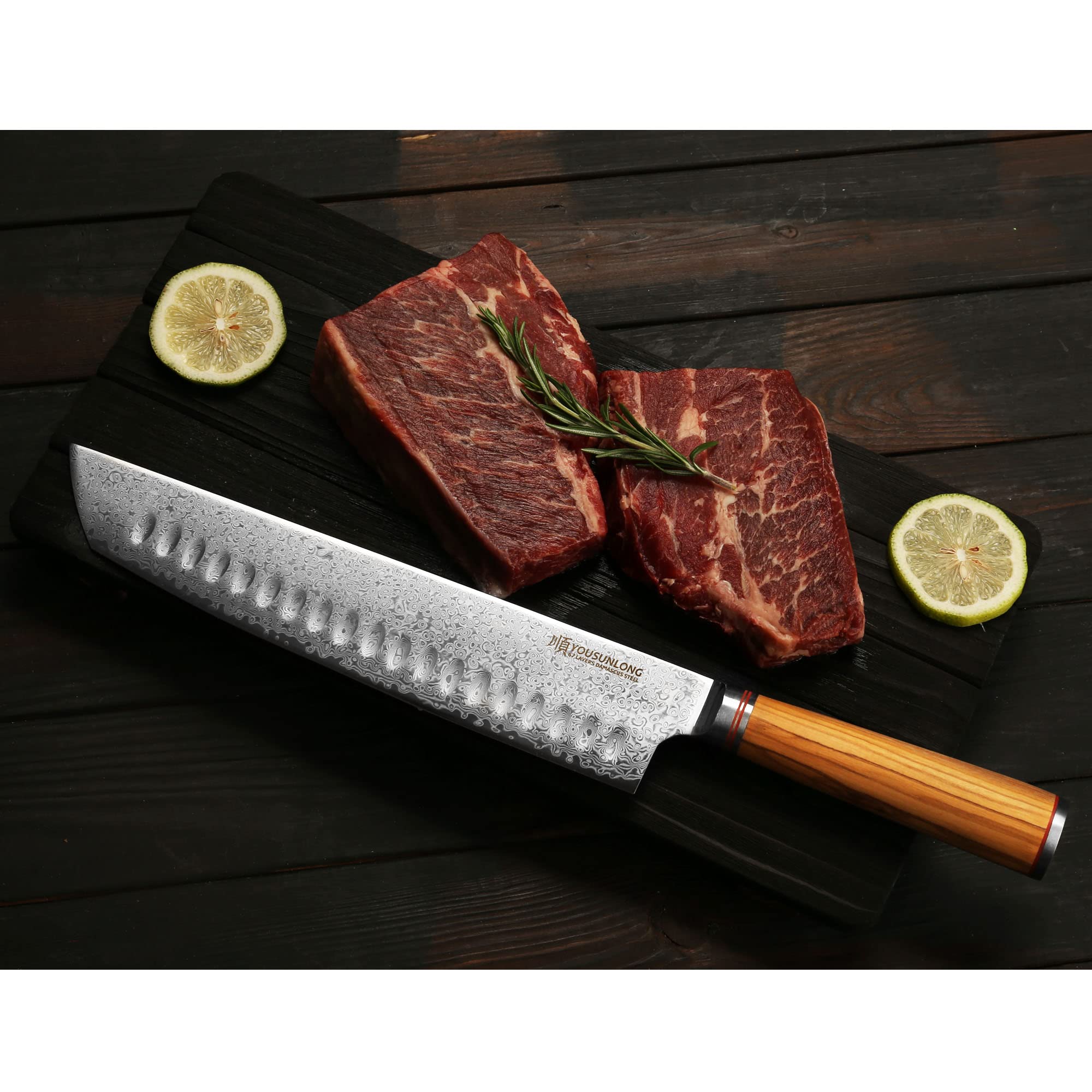 YOUSUNLONG Tanto-Kochmesser - 254 mm - Japanischer Damaszenerstahl - Rasiermesserscharf - Griff aus italienischem Olivenholz mit Lederscheide - Küchenmesser - Schneiden von Fleisch, Rindfleisch, BBQ