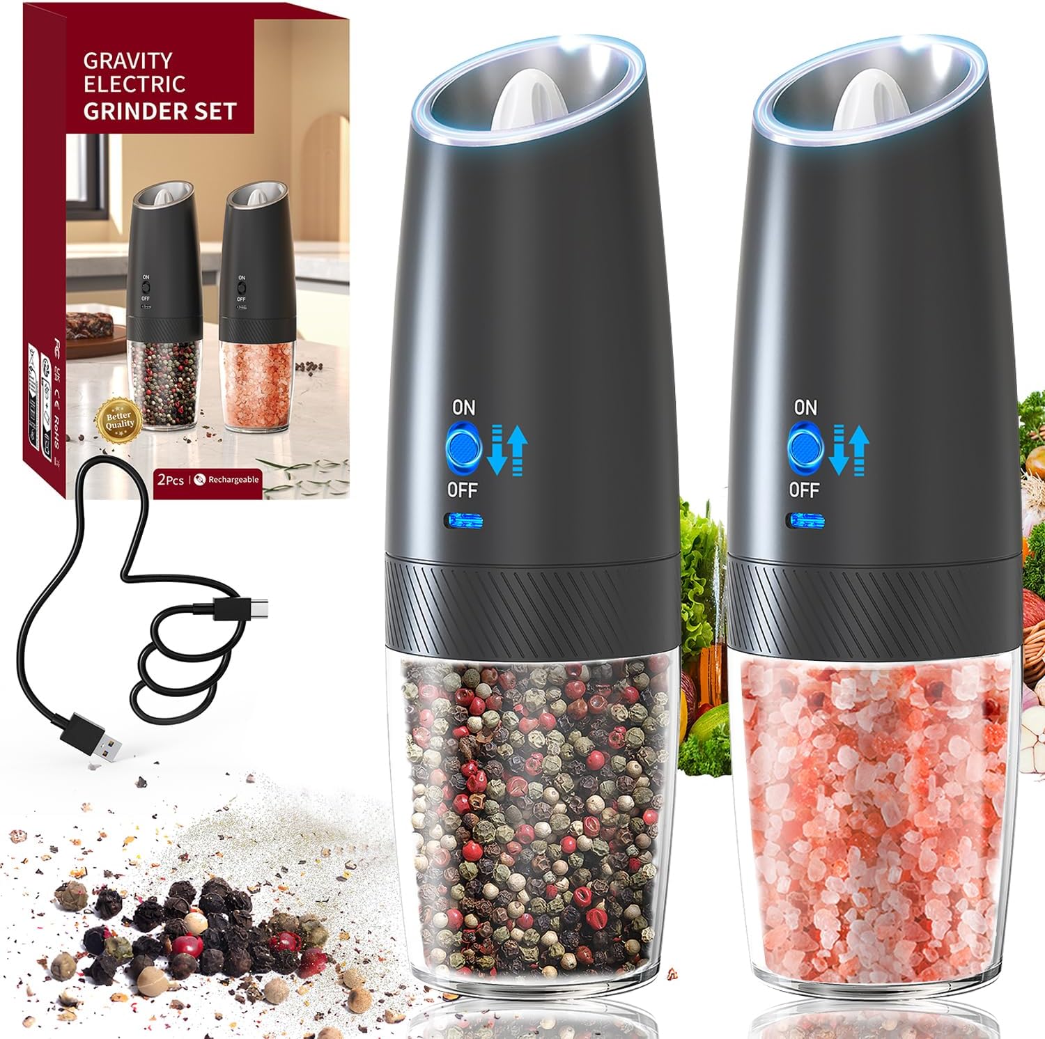 Amazon.com: RECHARGEABLE - Gravity Electric Pepper and Salt Grinder Set ...