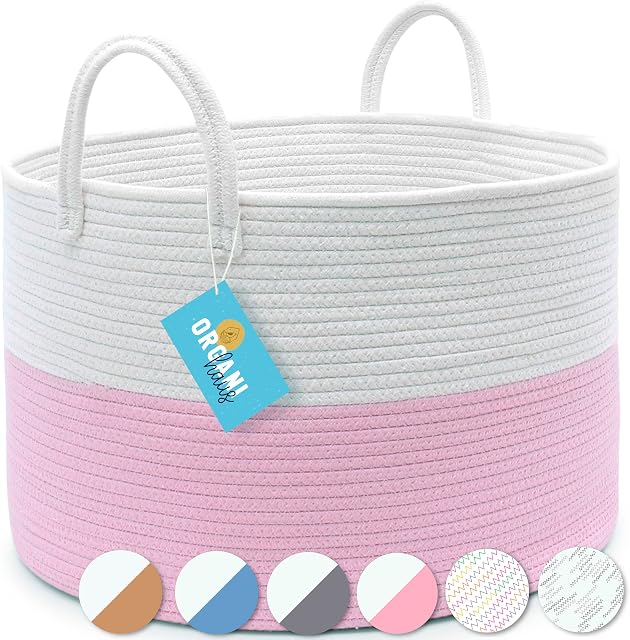 OrganiHaus Pink / White Large Laundry Basket | Rope Storage Basket | Toy Storage Baskets | Baby Washing Basket | Woven Basket Storage | Blanket Wash Basket | Baby Hamper Basket - Wide (50x33cm)