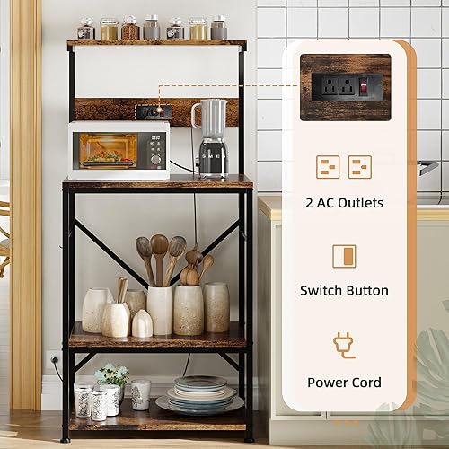 Miniatura 5 de Shintenchi Estante para panaderos con toma de corriente, organizador de cocina y almacenamiento con 6 ganchos, soporte para horno de microondas,