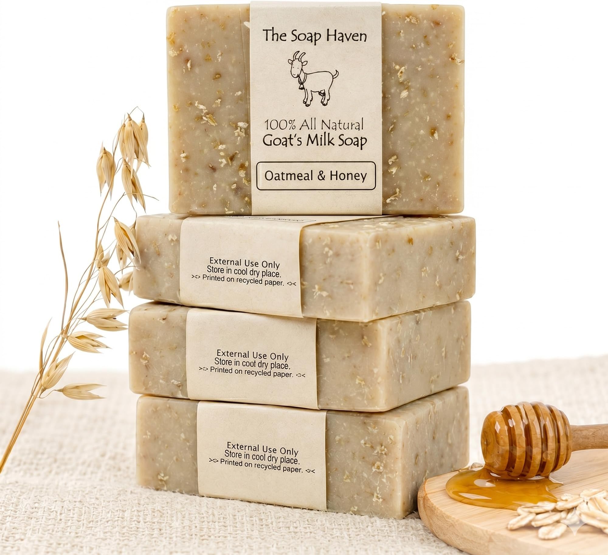 Oatmeal Soap - 4 Oatmeal & Honey Goat Milk Soap Bars, Handmade in USA, All Natural, Unscented, SLS Free, No Parabens
