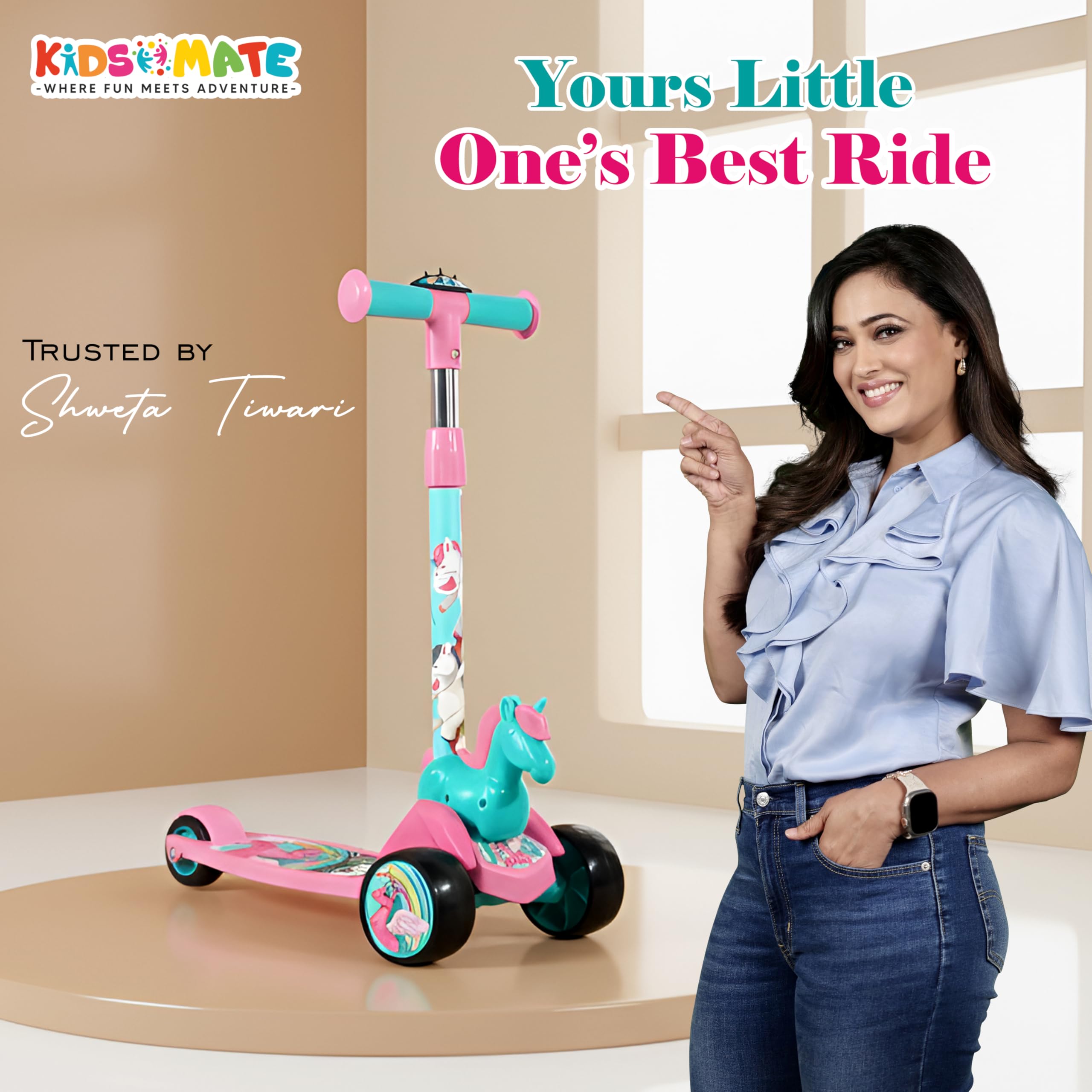 Kidsmate Unicorn Kick Scooter for Kids Age 3-8 Years | 3-Level Adjustable Height & PVC Wheels | Wide Non-Slip Deck & Rear Push Brake | Foldable Kids Scooters for Boys & Girls - Pink
