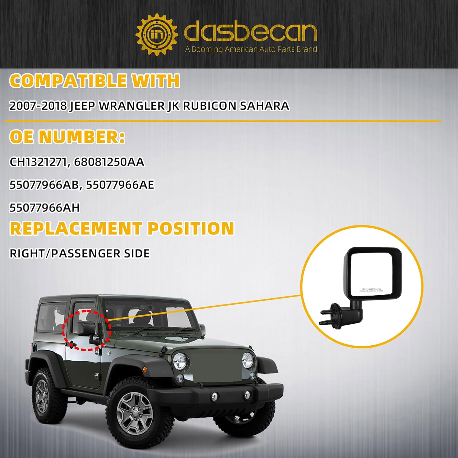 Dasbecan Right Passenger Side Mirror Compatible with 2007-2018 Jeep Wrangler JK Door Mirrors Manual Folding No-Disturtion Glass Replaces#CH1321271 68081250AA 55077966AB Textured Black Cover