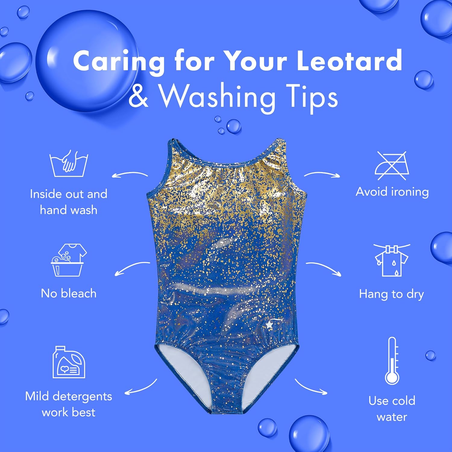 Destira Light The Night Strappy Gymnastics Leotard for Girls – Blue Gold Hologram Foil Shimmer Dance Leo, Matching Scrunchie
