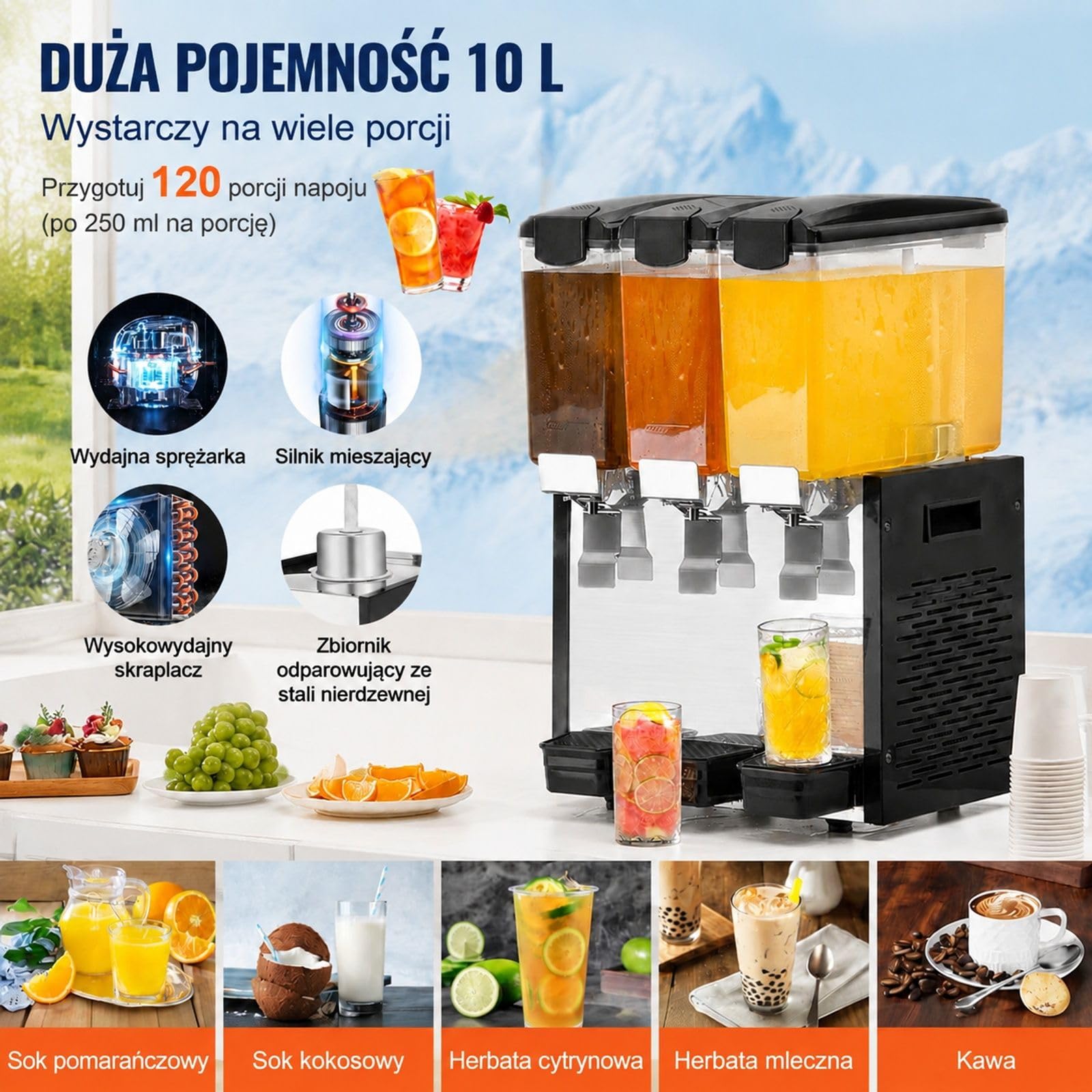 Komercyjny dozownik napojów z 3 zbiornikami, 3 x 10 l, stal nierdzewna, 440 W, do soków, lemoniady, herbaty mrożonej, restauracji, baru, bufetu, cateringu