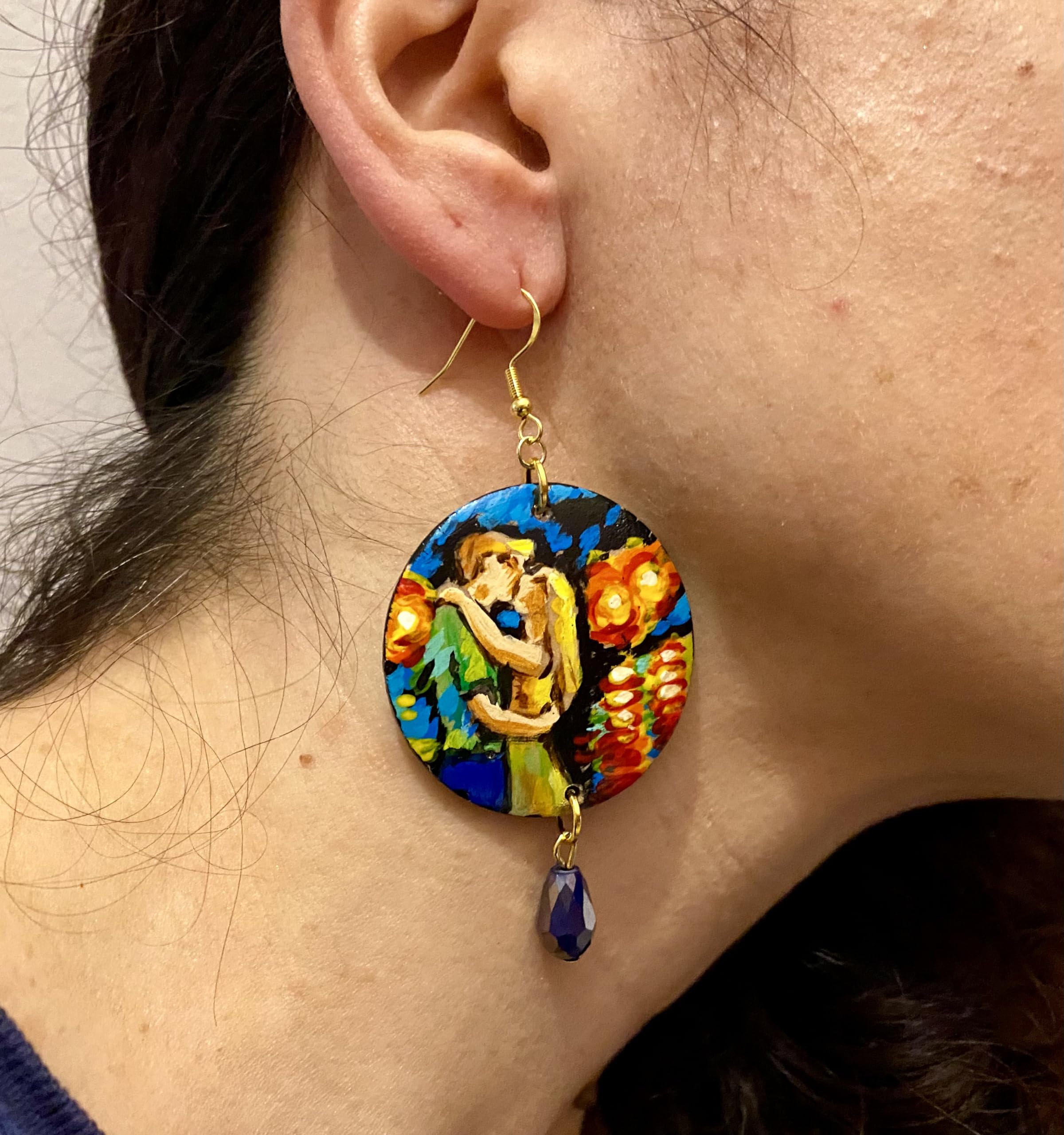 Boucles d'oreilles peintes à la main - HOMMAGE À L'AMOUR D'AFREMOV - Boucles d'oreilles pour femmes, Bijoux en bois peint, Crochet en argent, Made in Italy, Bijoux, Artisanat
