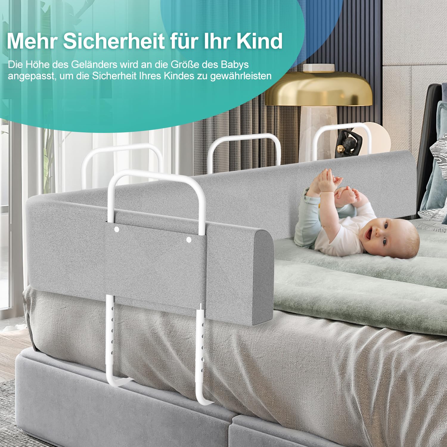 Eulenke Bettgitter 200cm - Höhenverstellbares Bettschutzgitter für Kinder - 5-Loch Bettgitte mit Rausfallschutz - Geeignet für Boxspringbetten und Kinderbett - Bettkantenschutz in Profiqualität