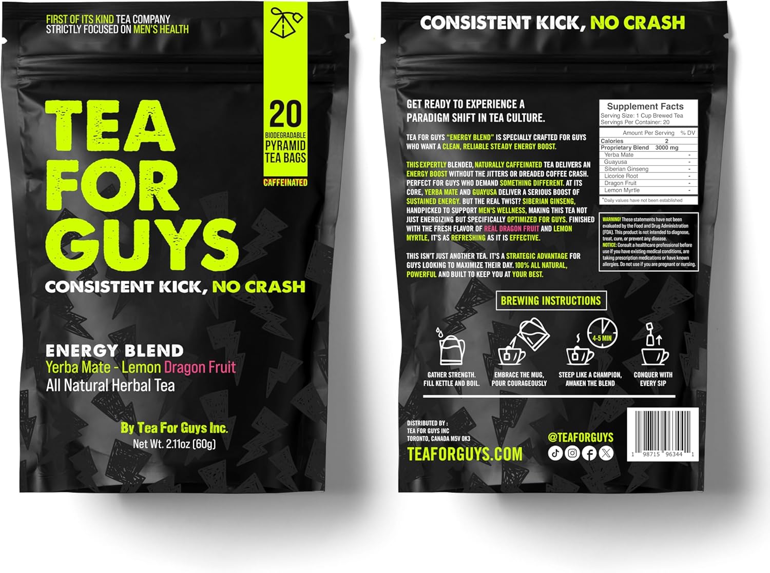 Tea for Guys: Energy Tea – Natural Caffeine Boost for Stamina, Focus, and Endurance | Herbal Tea for Sustained Energy & Mens Vitality – 20 Biodegradable Tea Bags