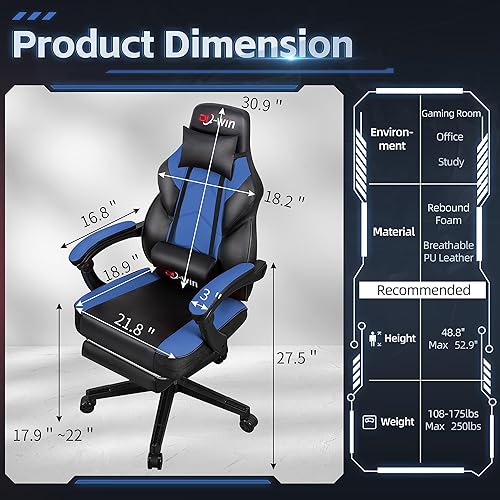 Miniatura 3 de Sillas de juegos para adultos, silla de computadora con reposapiés y respaldo alto ergonómico, sillas de jugador grandes y altas con soporte lumbar